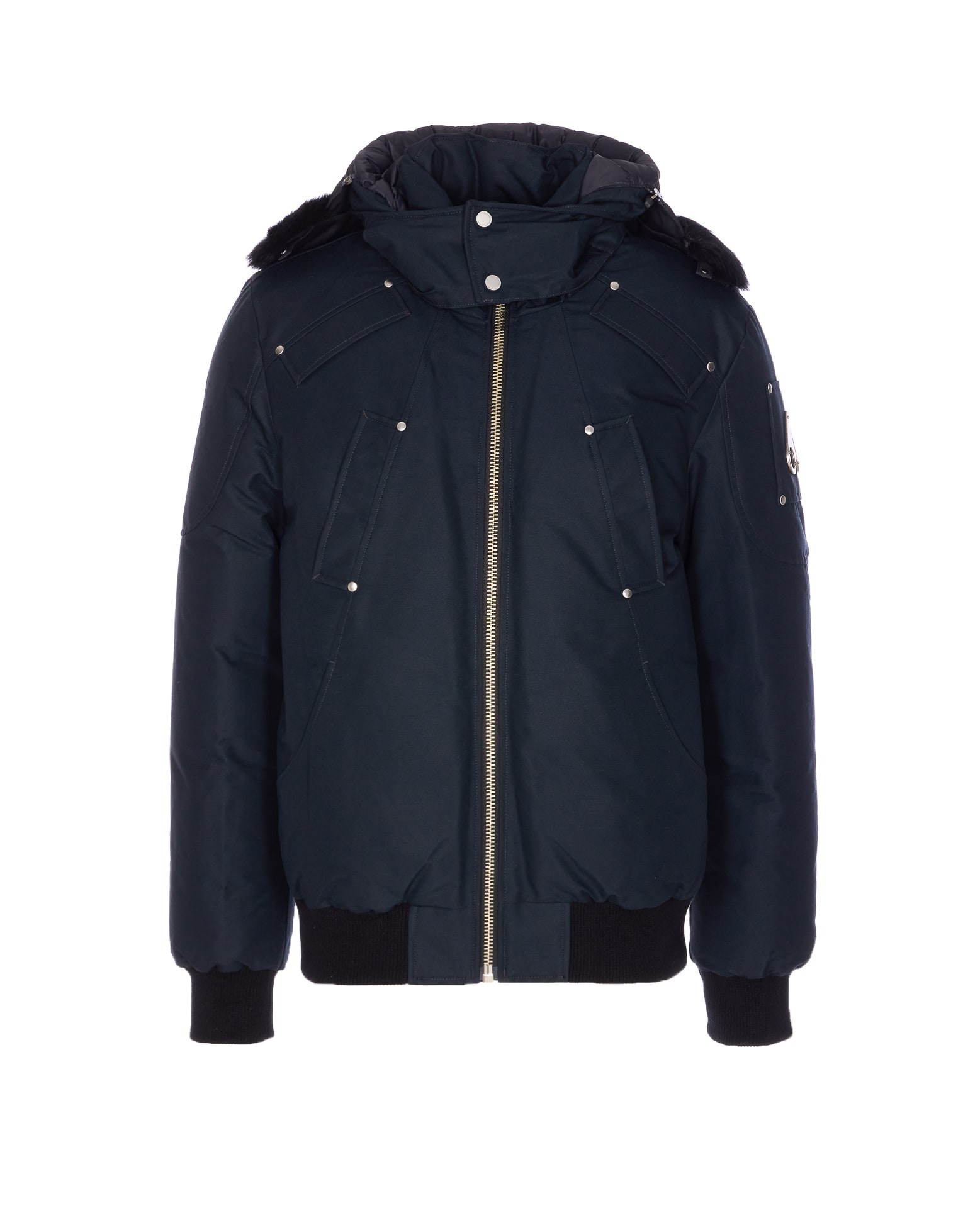 Moose Knuckles Shearling Trim Down Bomber Jacket In Blue