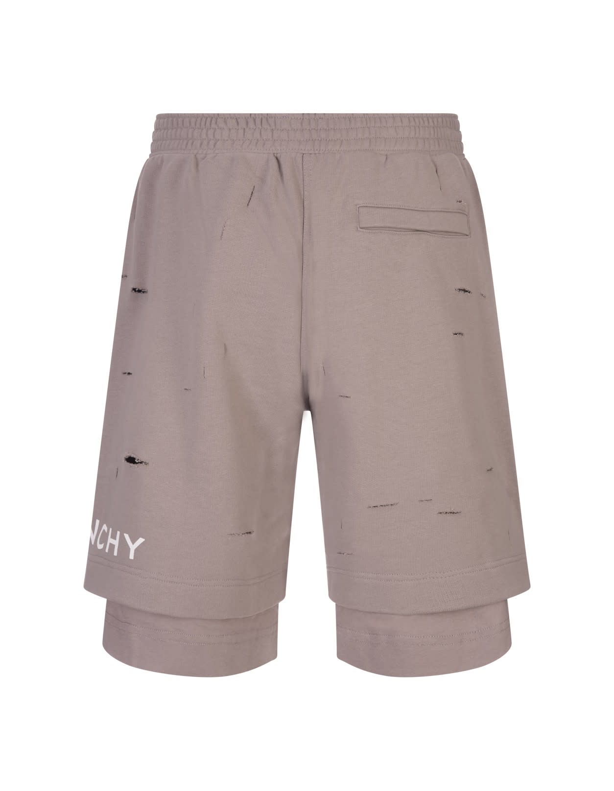 GIVENCHY TAUPE DESTROYED TRACK BERMUDA SHORTS WITH LOGO 