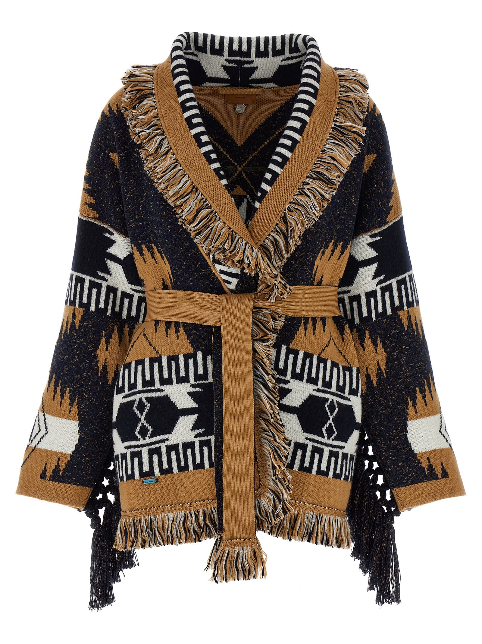 Alanui Waist Belt Fringe Geometric Pattern Long Sleeves Cardigan In Multicolor