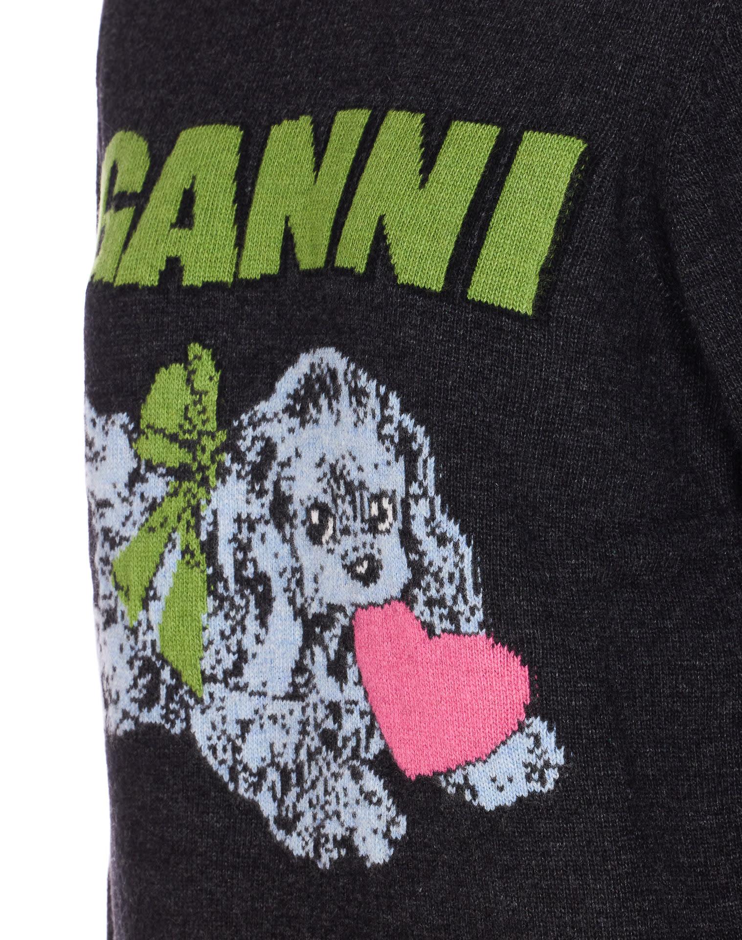 Ganni Playful Puppy Love Graphic Wool Blend Crewneck Sweater In Black