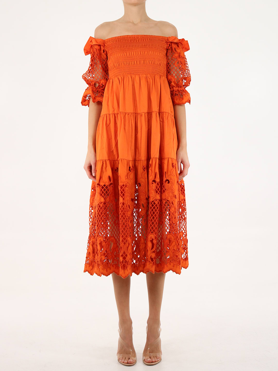 self-portrait Embroidered Orange Midi Dress