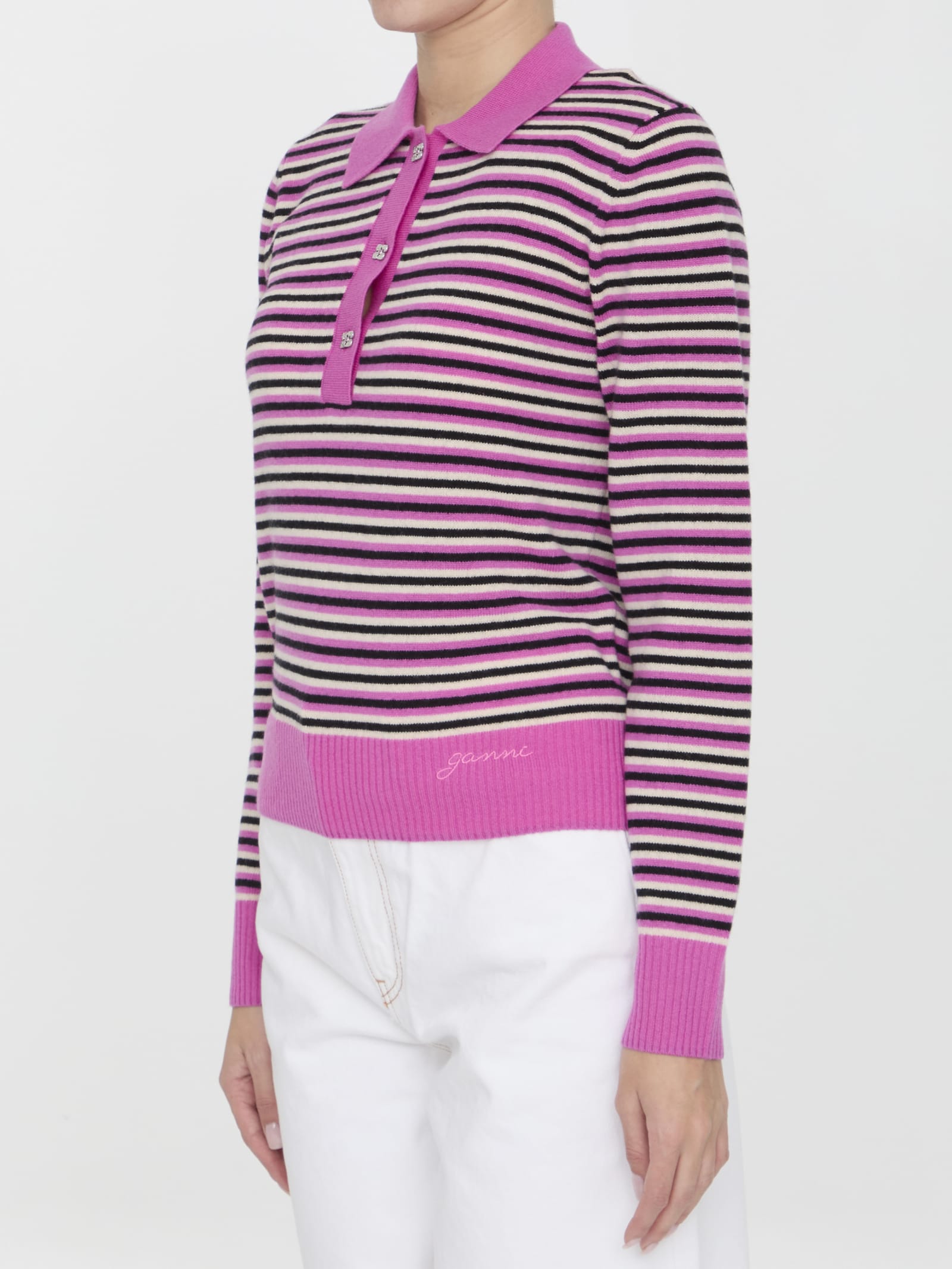 Shop Ganni Striped Polo Sweater In Fuchsia