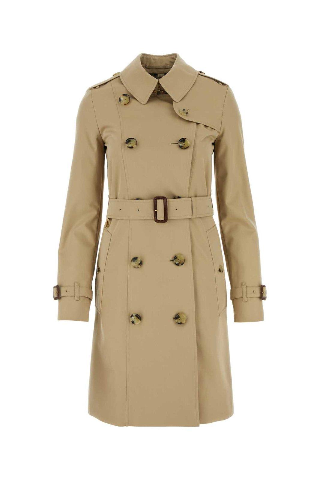 Shop Burberry Double-breasted Belted Trench Coat In Beige