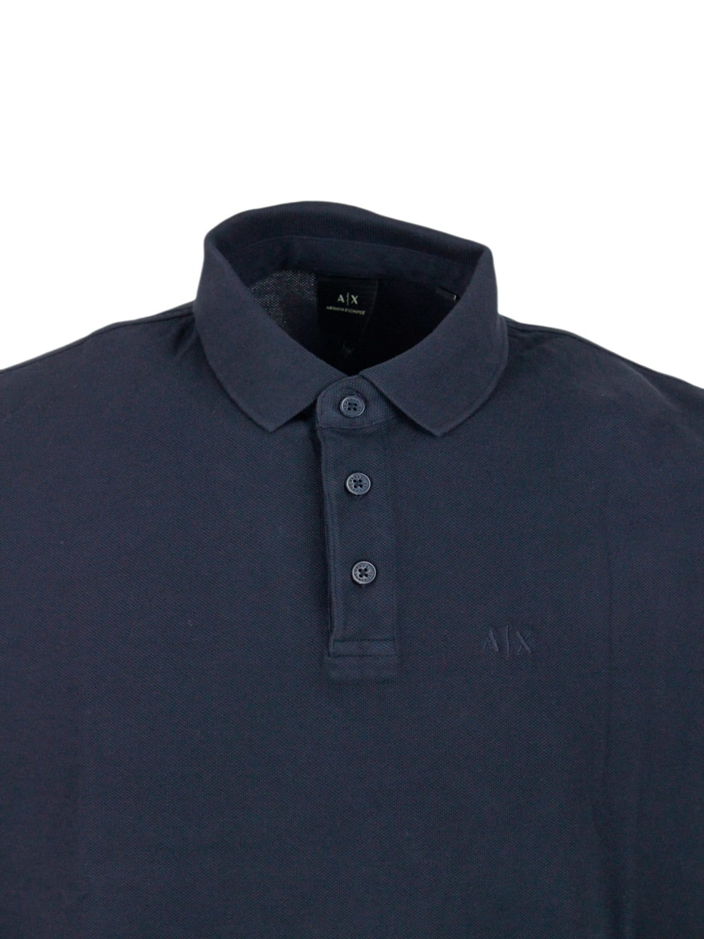 Shop Armani Collezioni 3-button Short-sleeved Pique Cotton Polo Shirt With Logo Embroidered On The Chest In Blu