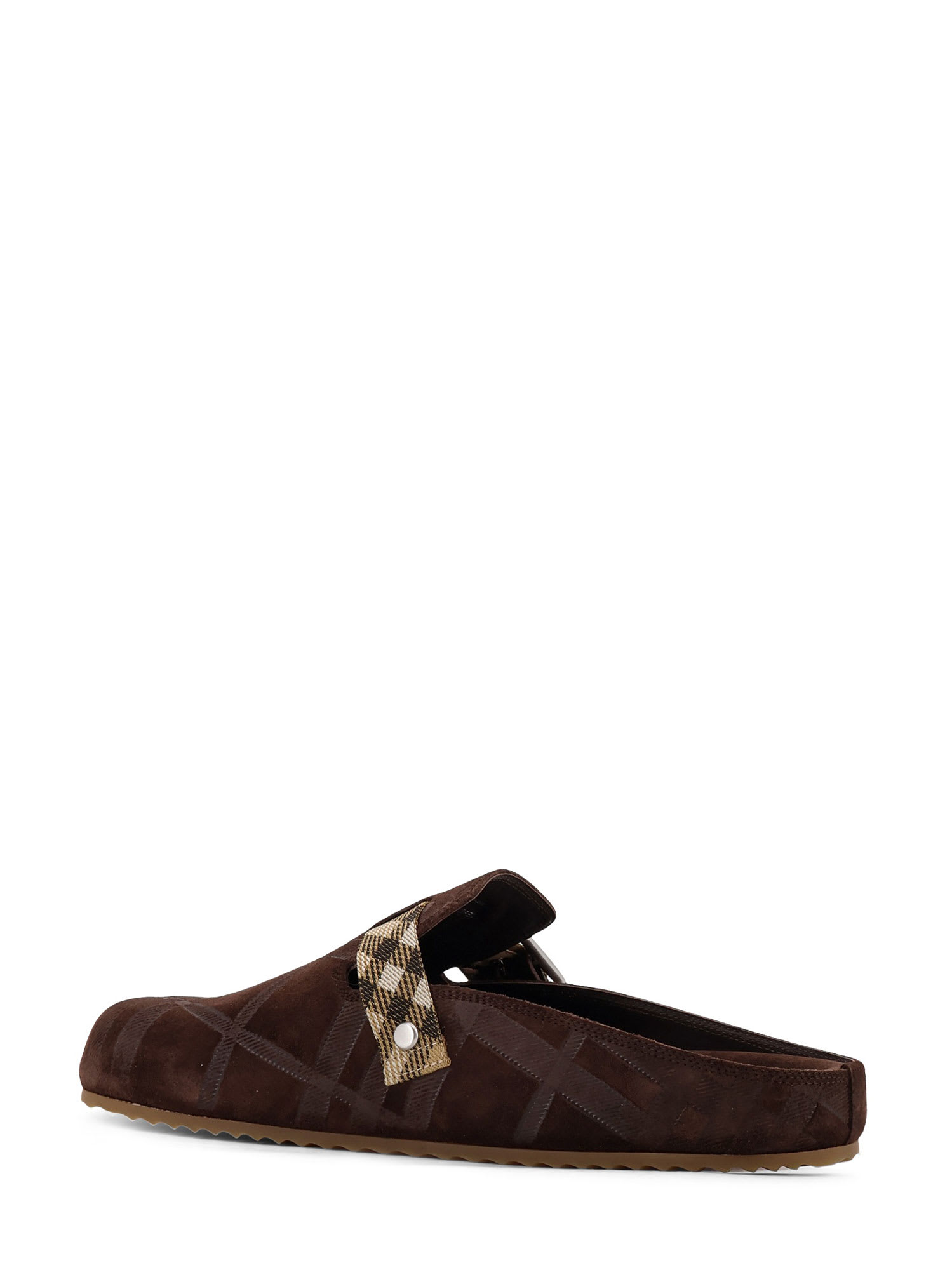 Burberry Strap Patterned Round Toe Rubber Sole Slip-on In Brown