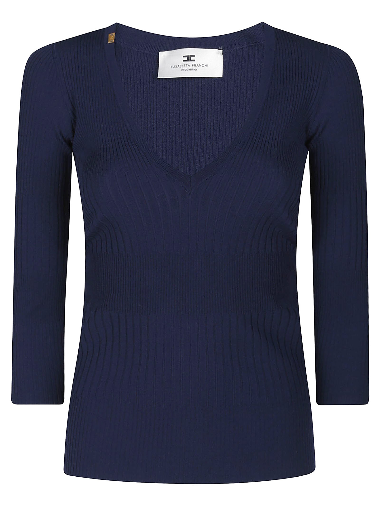 Elisabetta Franchi Ribbed V-neck Sweater In Blue