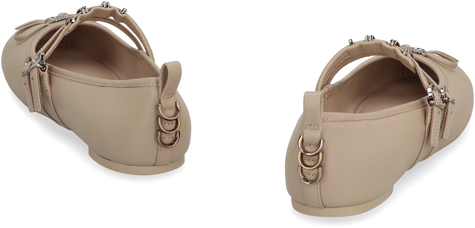 Pinko Nappa Leather Ballet Flats With Straps And Bow In Ecru