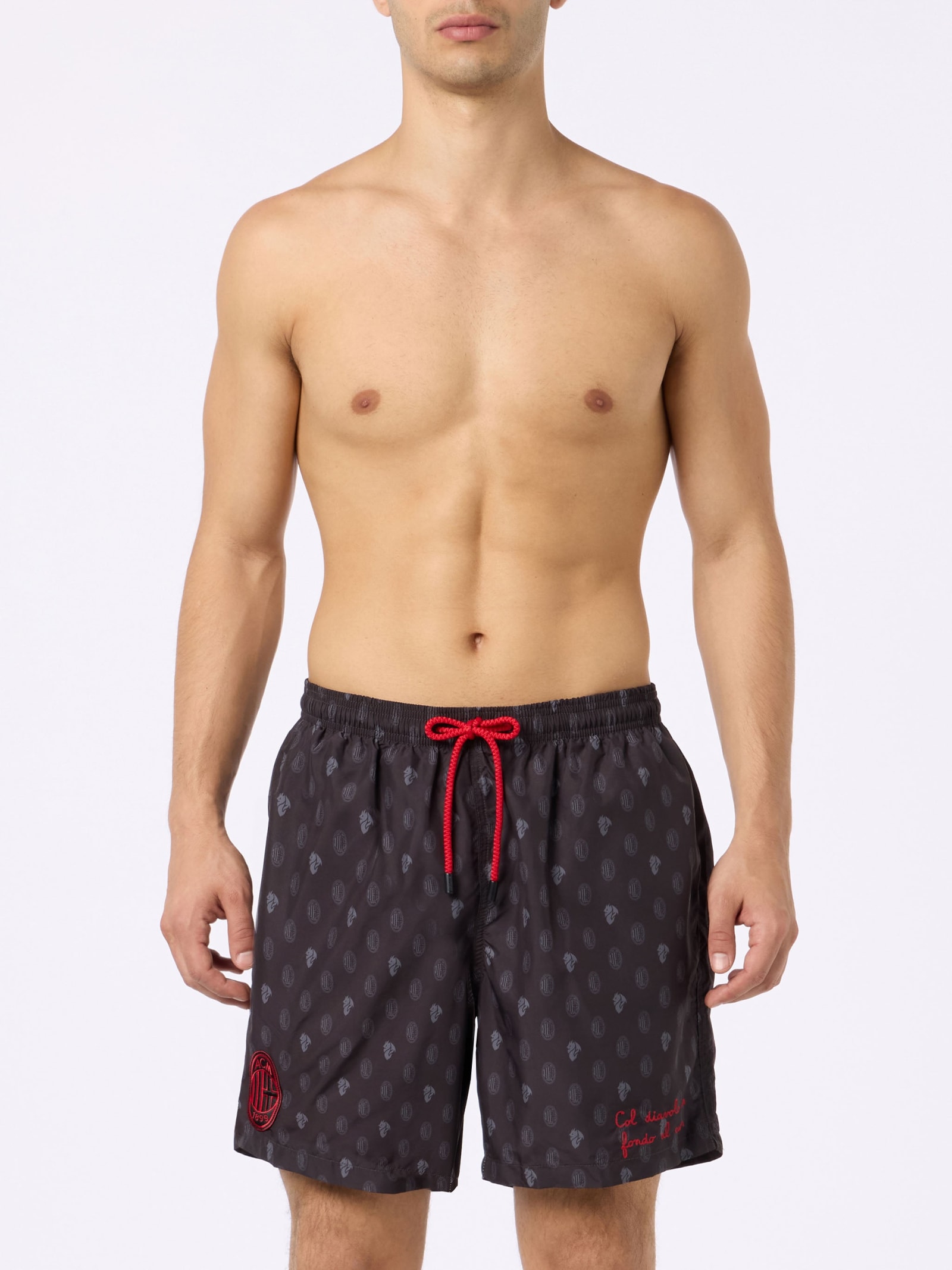 MC2 SAINT BARTH MAN LIGHTWEIGHT FABRIC SWIM SHORTS WITH MILAN LOGO PRINT AND PATCH AC MILAN SPECIAL EDITION