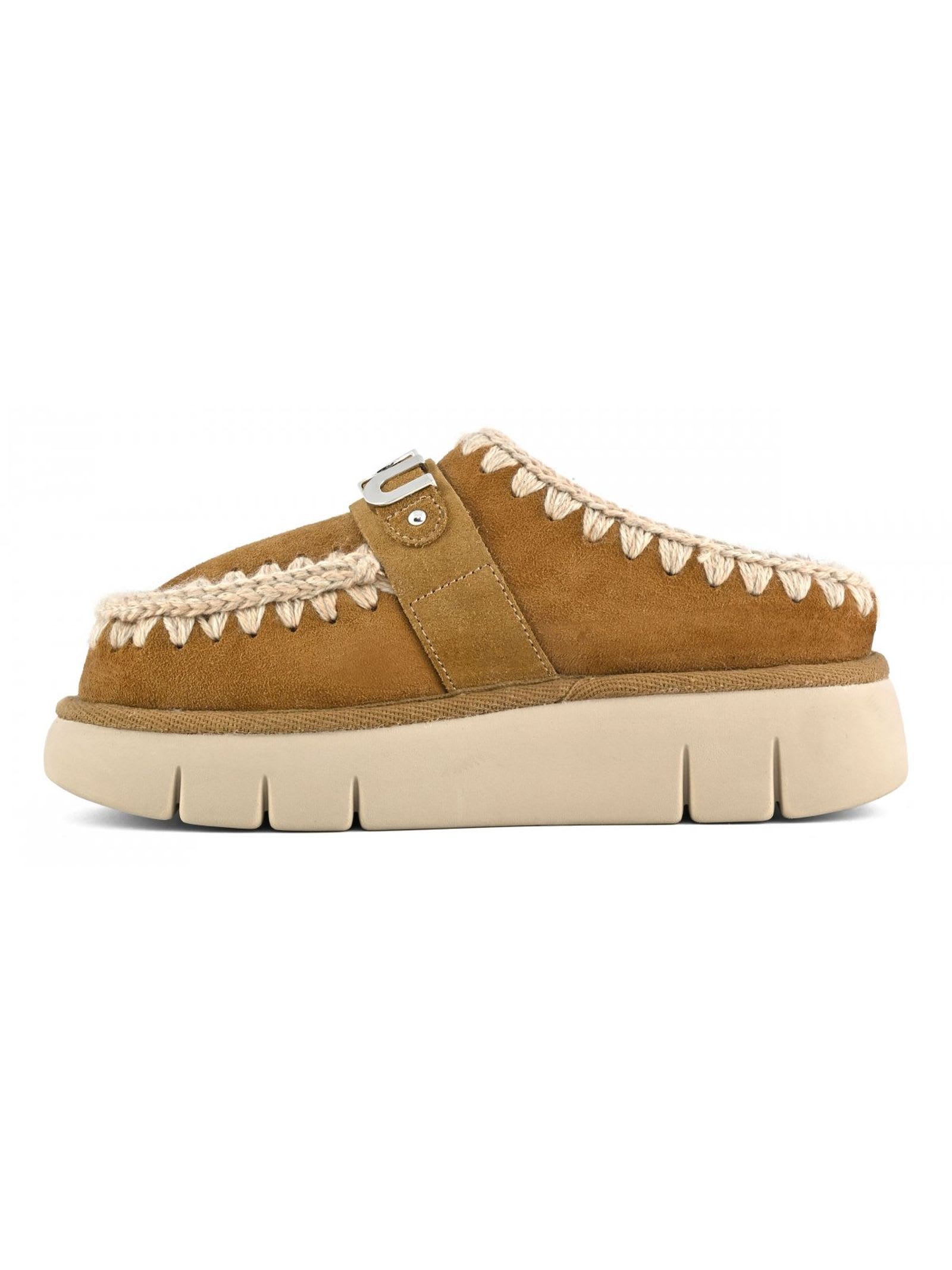 Mou Logo-lettering Crochet-trim Suede Mules In Marrone