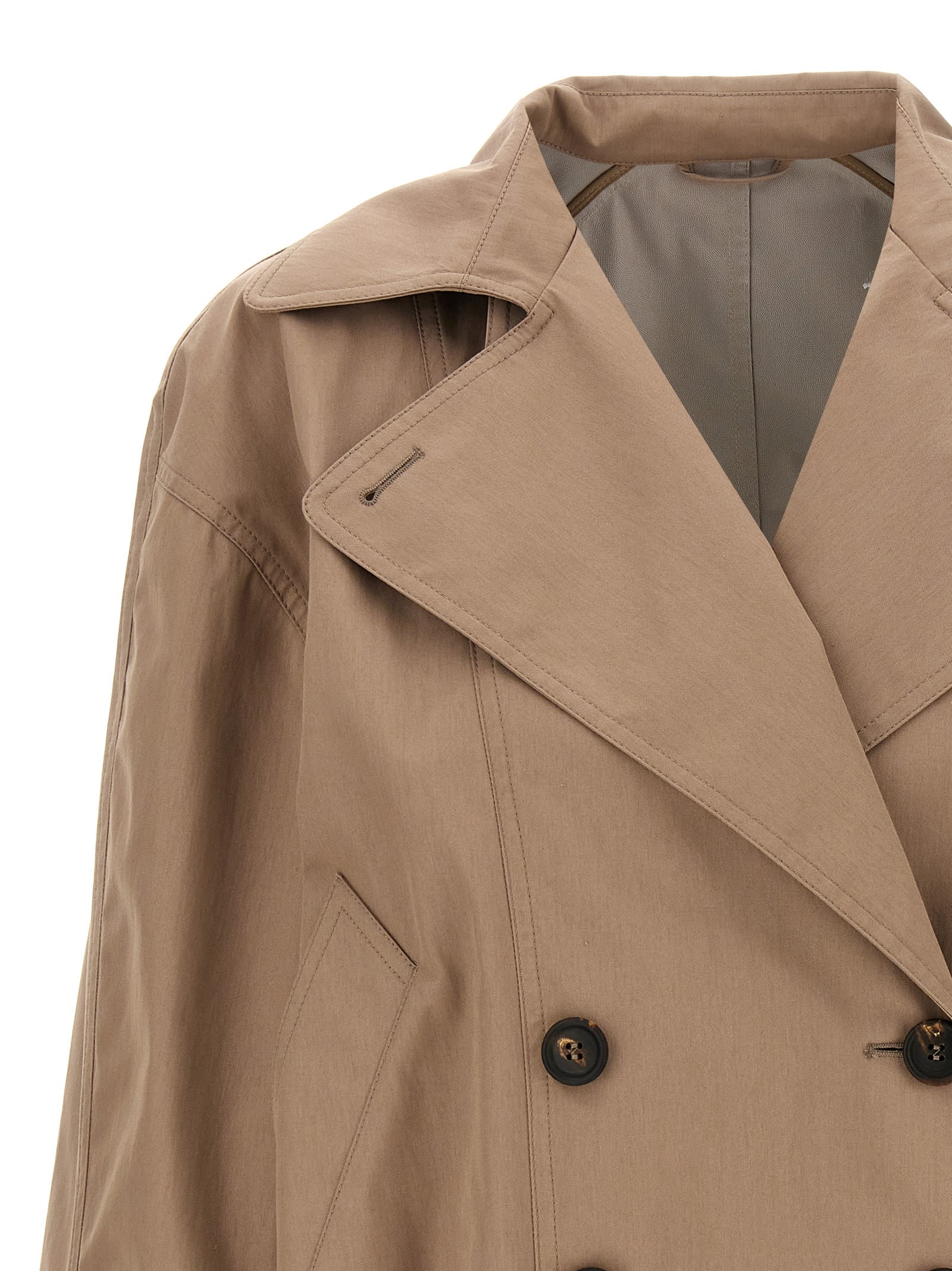 Brunello Cucinelli Brown Double-breasted Crop Jacket With Windbreak Flap And Classic Wide Lapels In Cotton Blend Woman In Beige