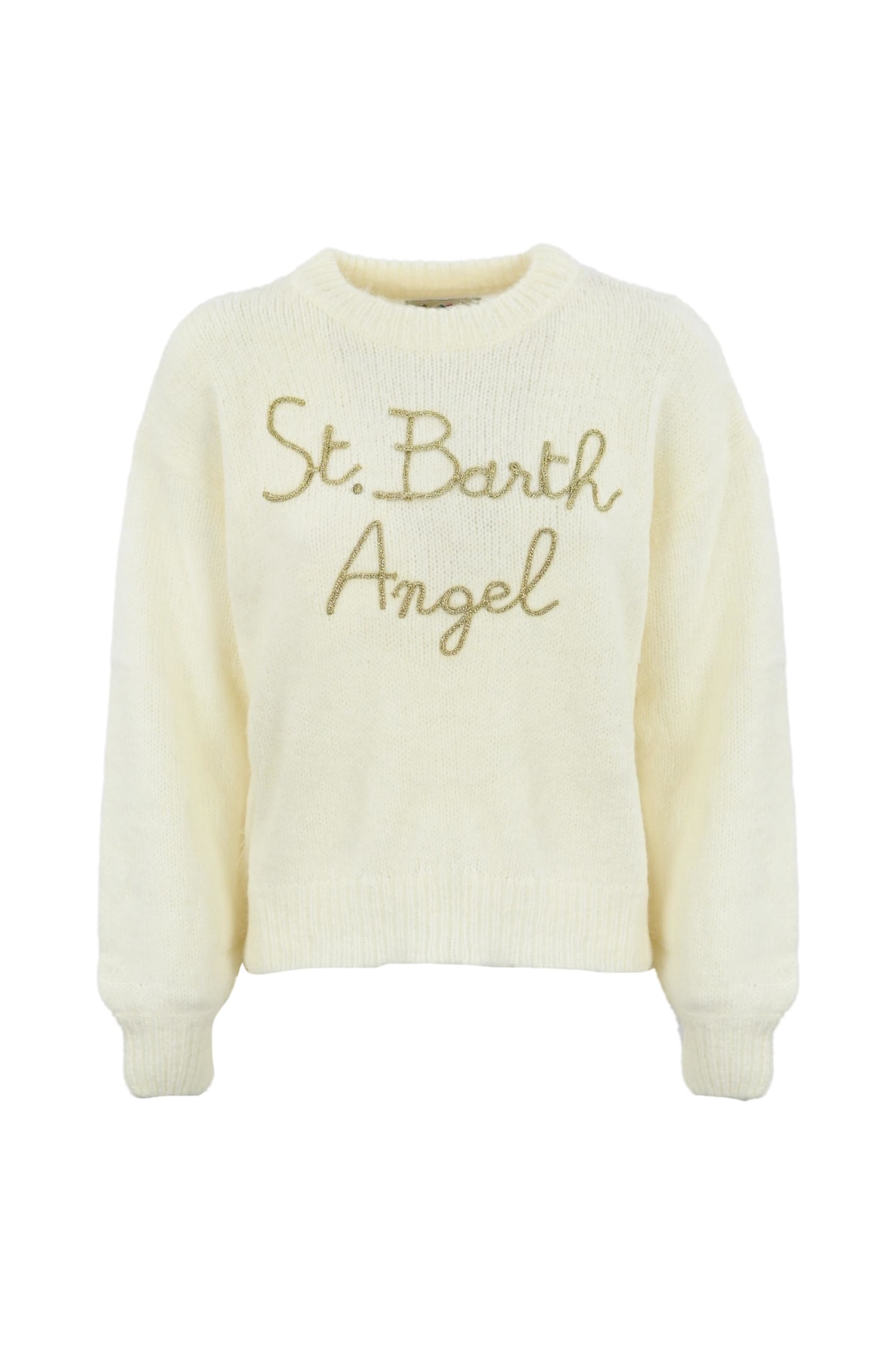 MC2 Saint Barth White Brushed Crew Neck Sweater With Feathers