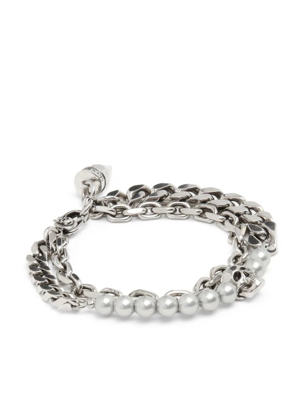 Shop Alexander Mcqueen Bracelet With Pearls And Skull Studs In Silver