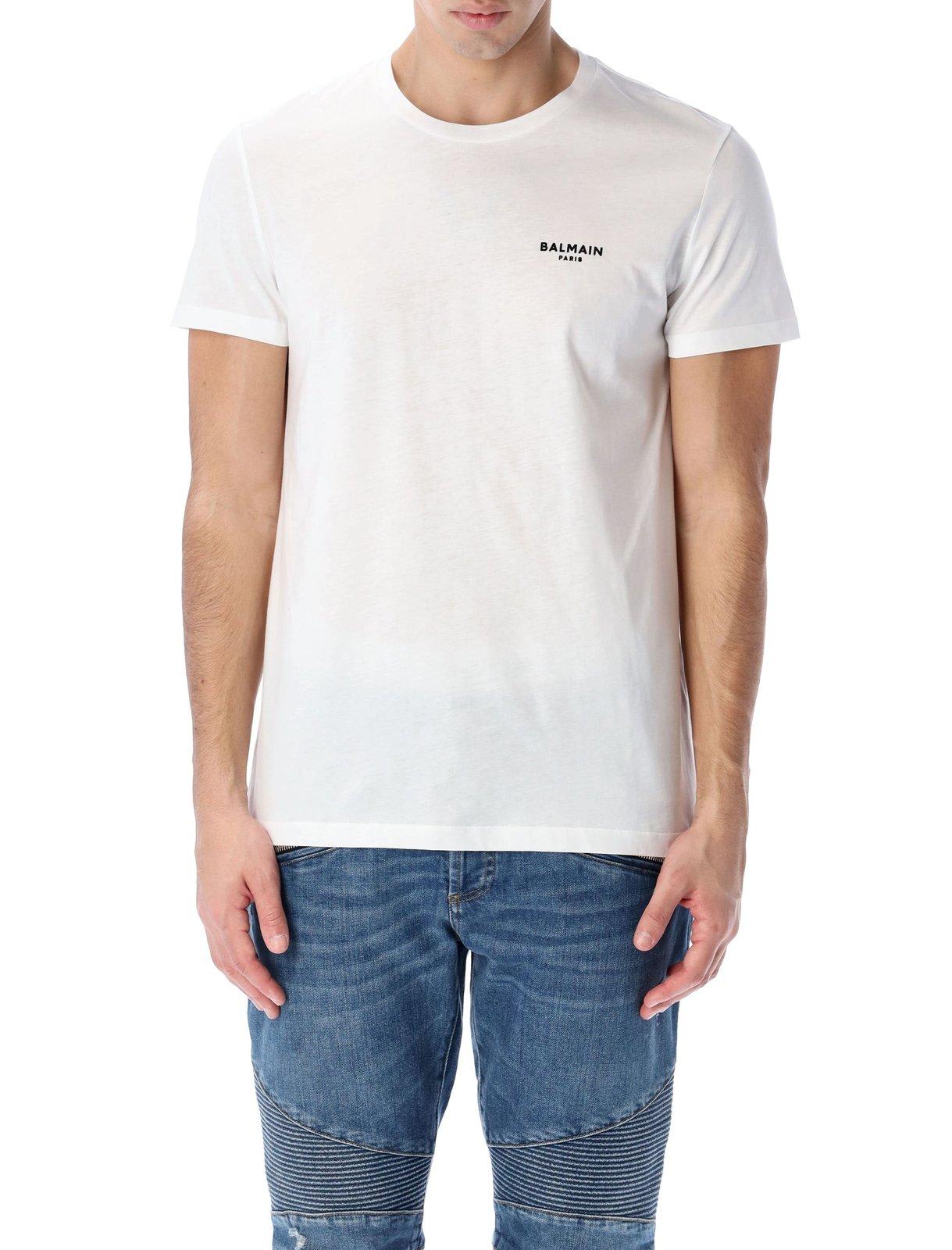 Shop Balmain Logo Embroidered Crewneck T-shirt In Bianco