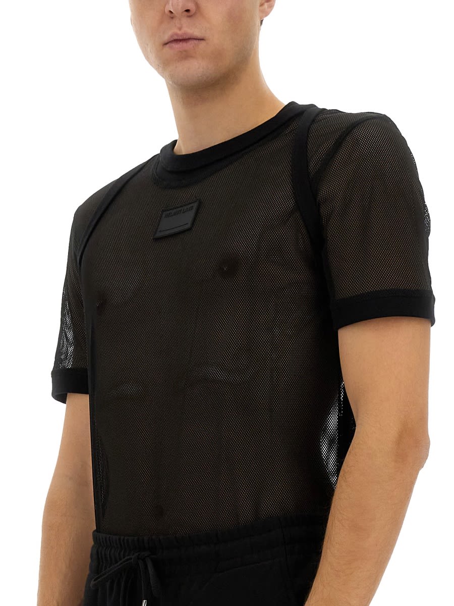 Helmut Lang Semi-transparent Mesh T-shirt With Graphic Print In Black