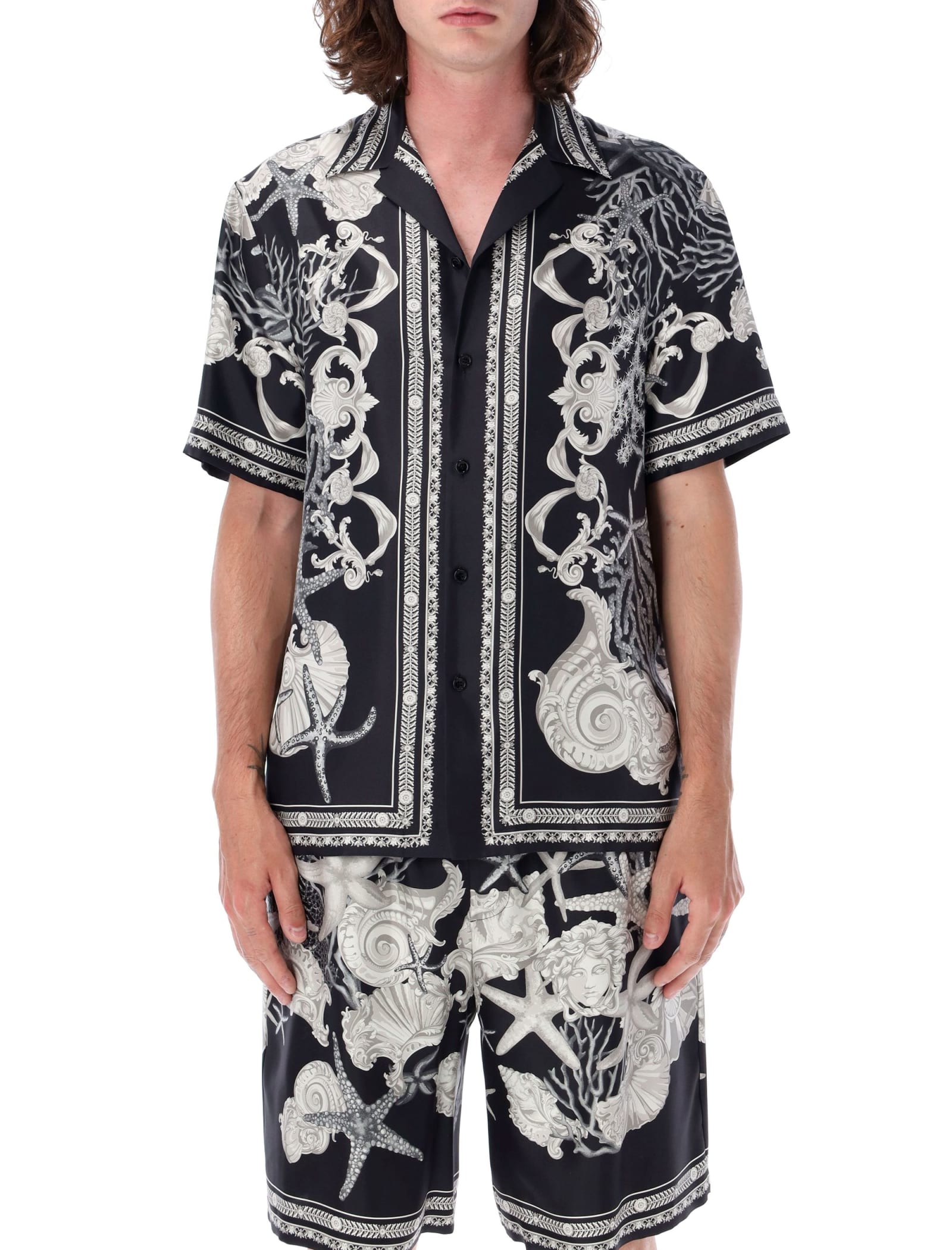 Versace Holiday Print Bowling Shirt In Black Bone