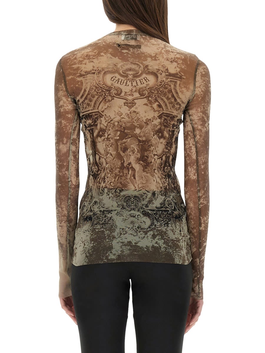 Jean Paul Gaultier Sheer Medallion Print Slim Fit Top In Brown