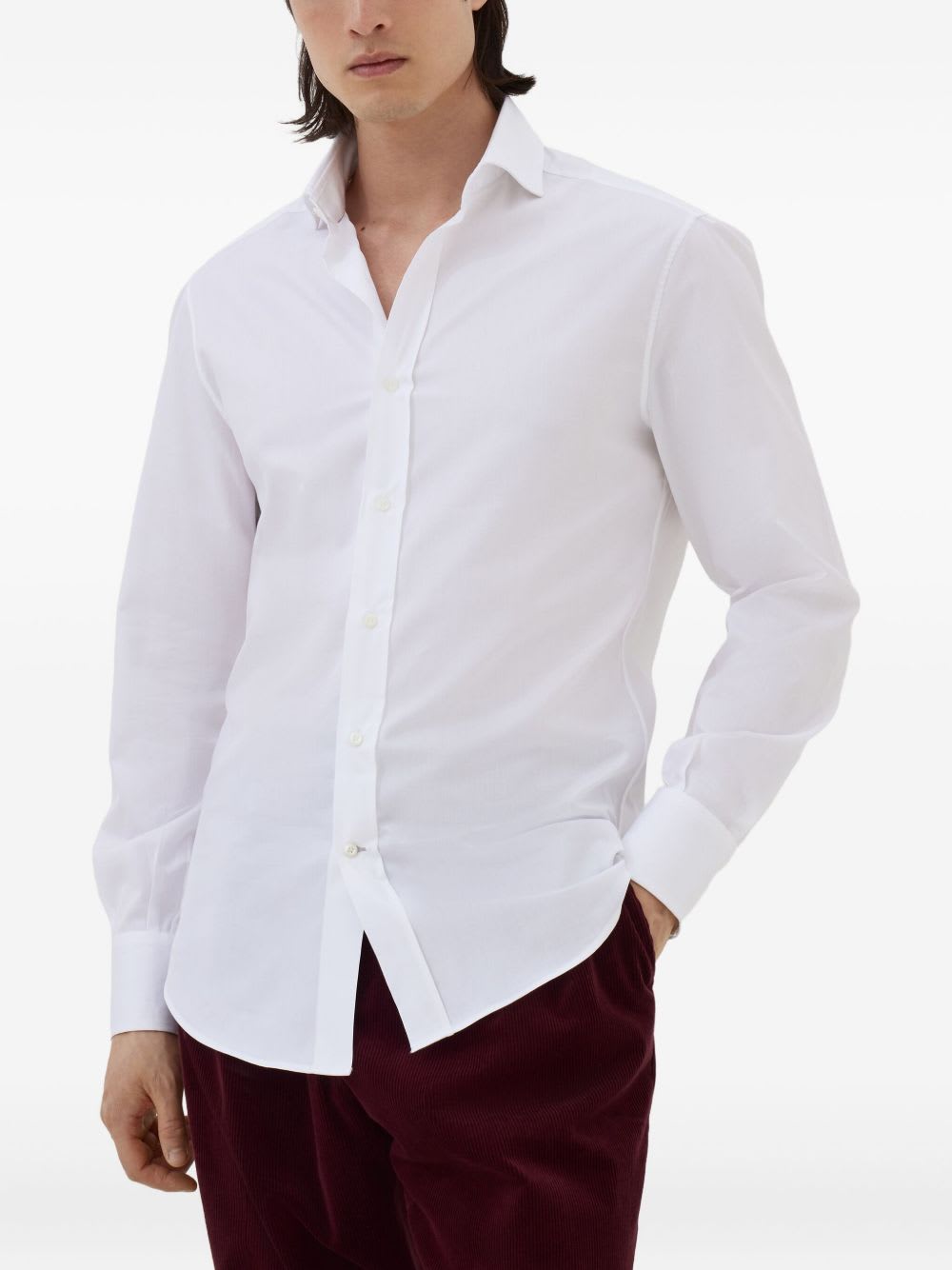 Brunello Cucinelli Button-down Collar Cotton Shirt With Curved Hem In White