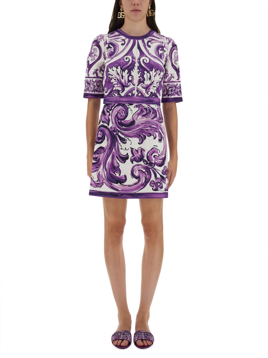 Dolce & Gabbana Majolica Print Mini Dress In Purple