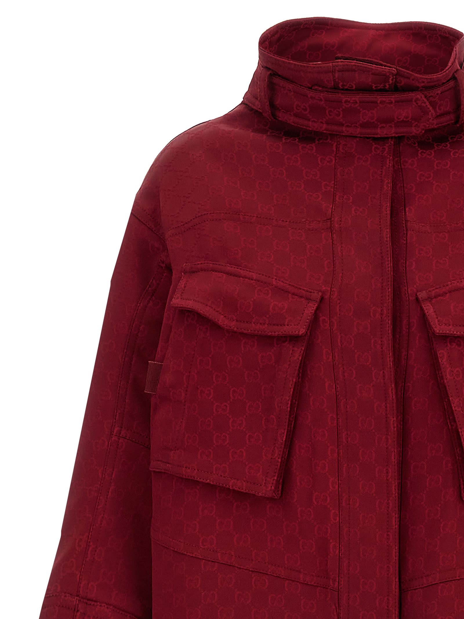 Gucci Bordeaux Coat With Adjustable Stand-up Collar And Drawstring Waist In Gg Canvas Woman In Red