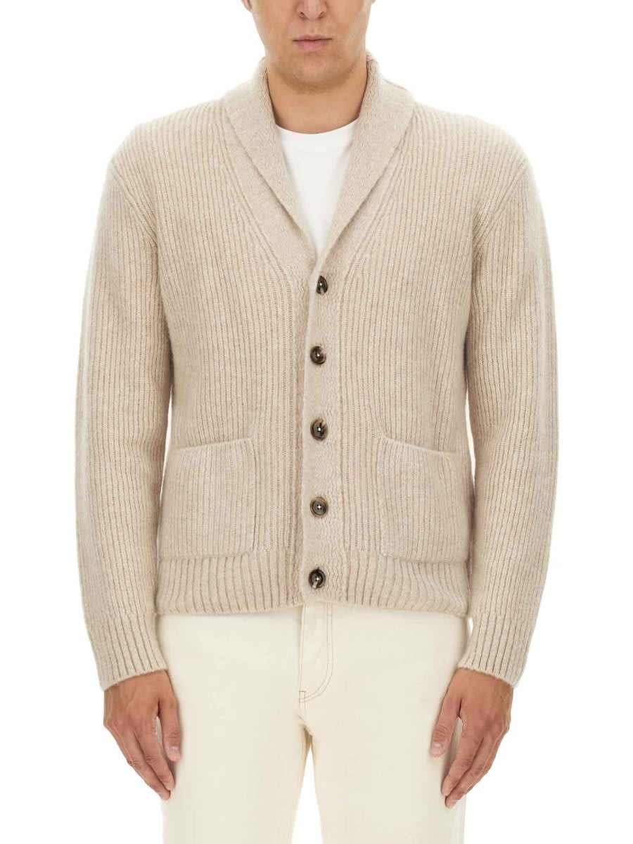 Shop Tom Ford Brushed Shawl Collar Knitted Cardigan In Beige