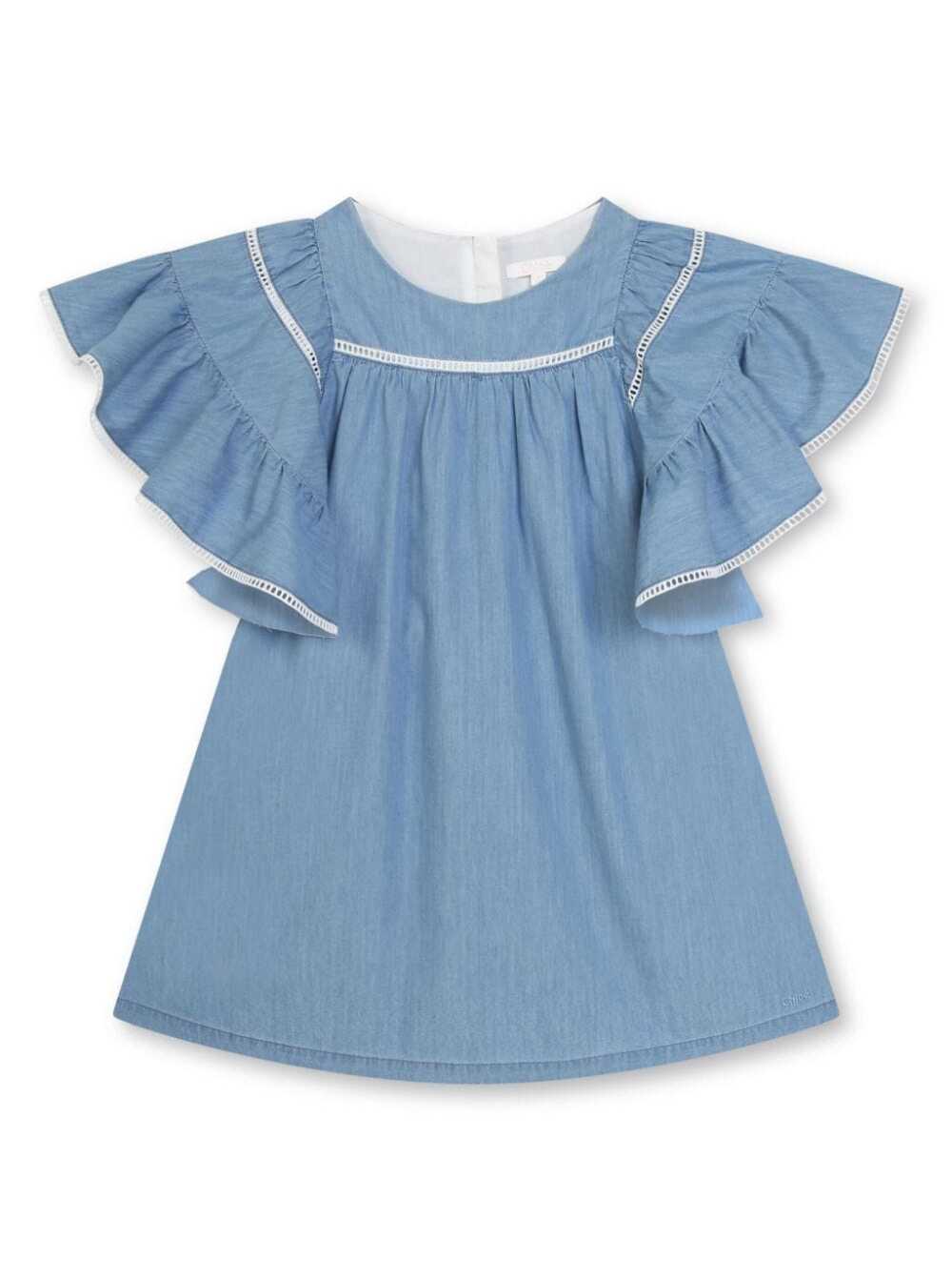 Shop Chloé Light Blue Dress With Ruffle Sleeves In Cotton Girl