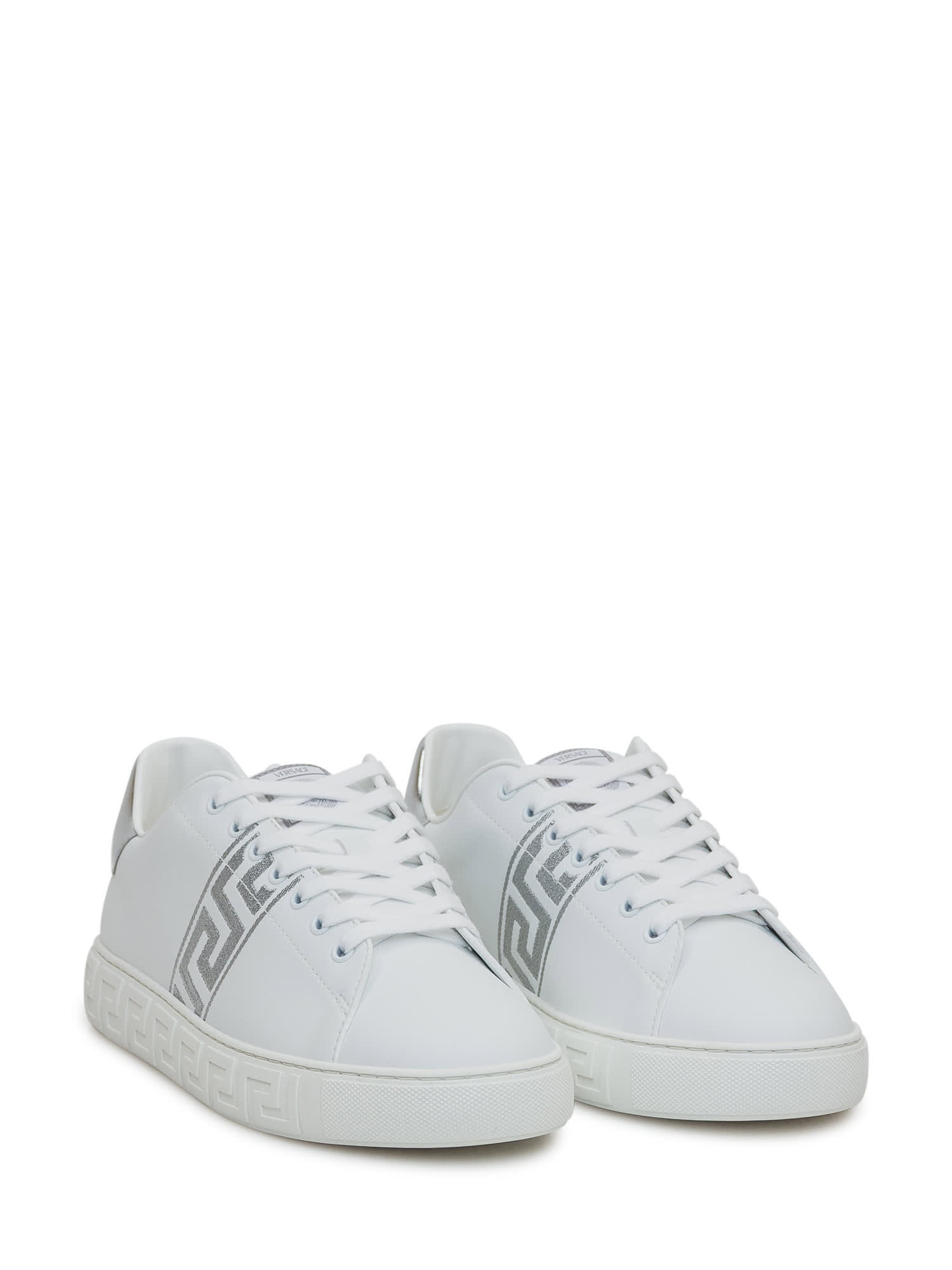 Shop Versace Greek Sneaker Embroidered In White Silver