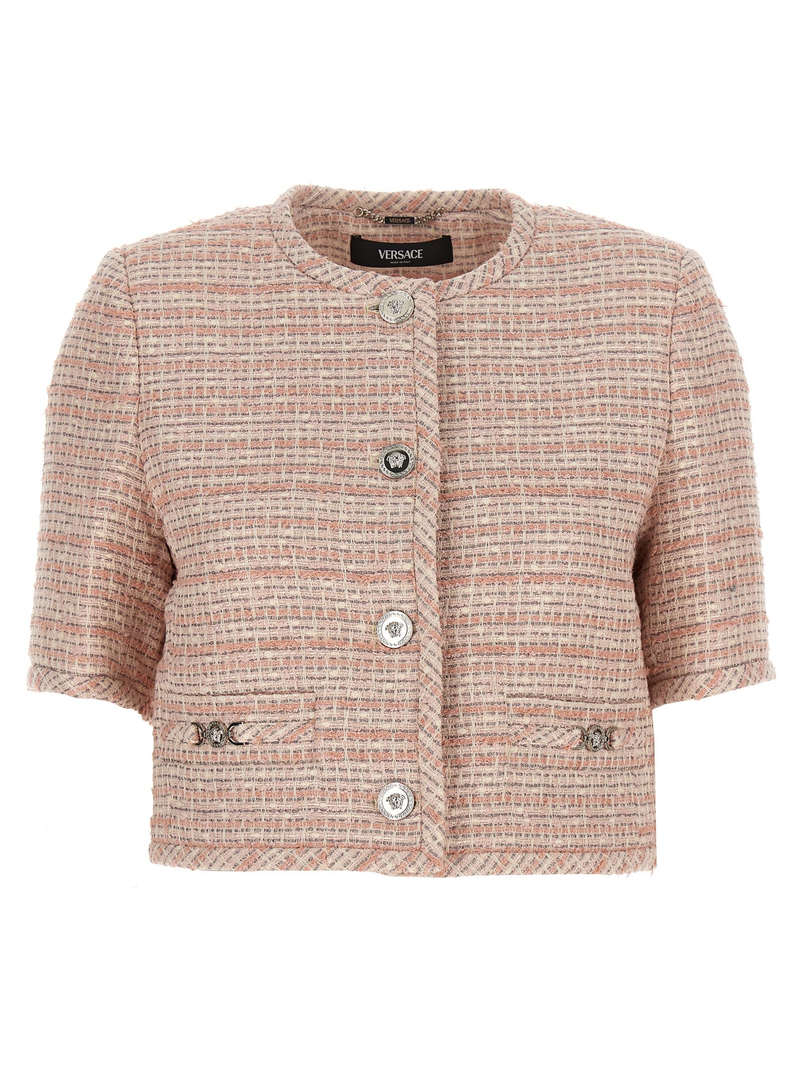 Shop Versace Medusa 95 Short Tweed Jacket In Pink