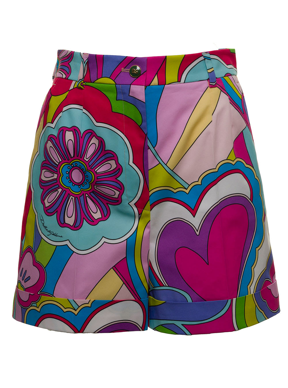 Dolce & Gabbana Multicolor Drill Shorts With Hearts And Flowers Print