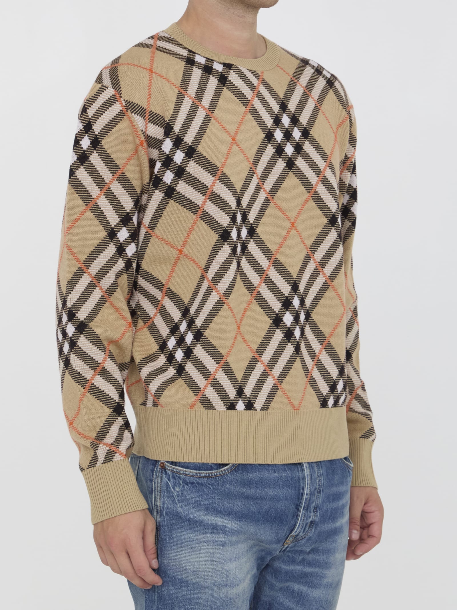 Shop Burberry Check Sweater In Beige