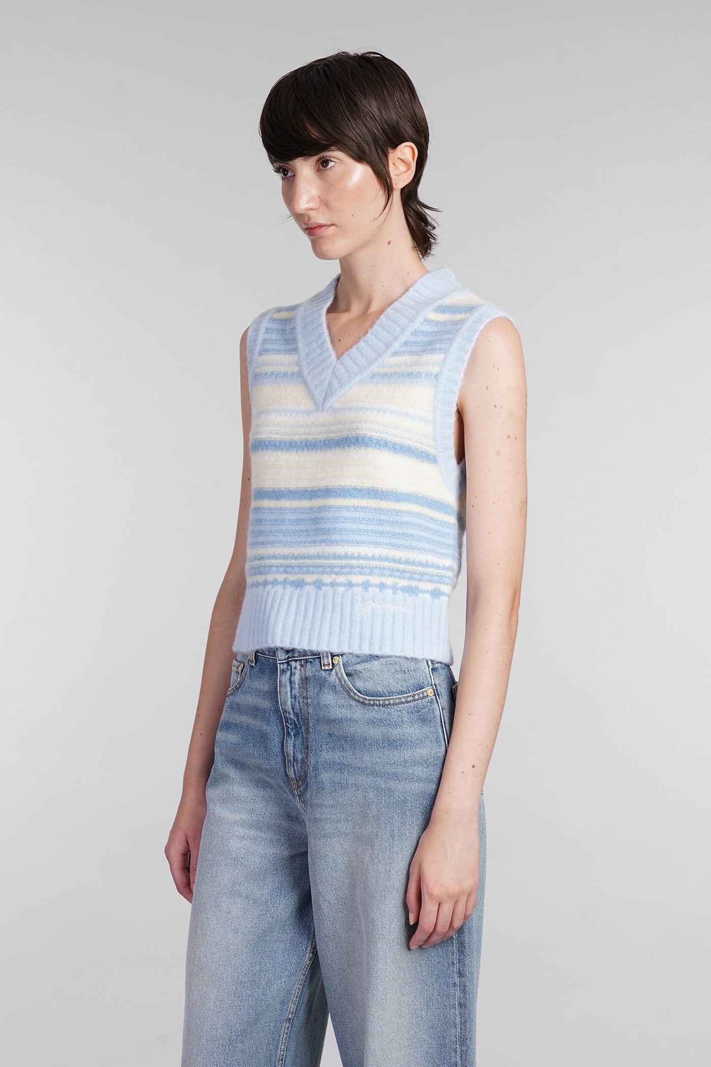 Shop Ganni Vest In Cyan Wool