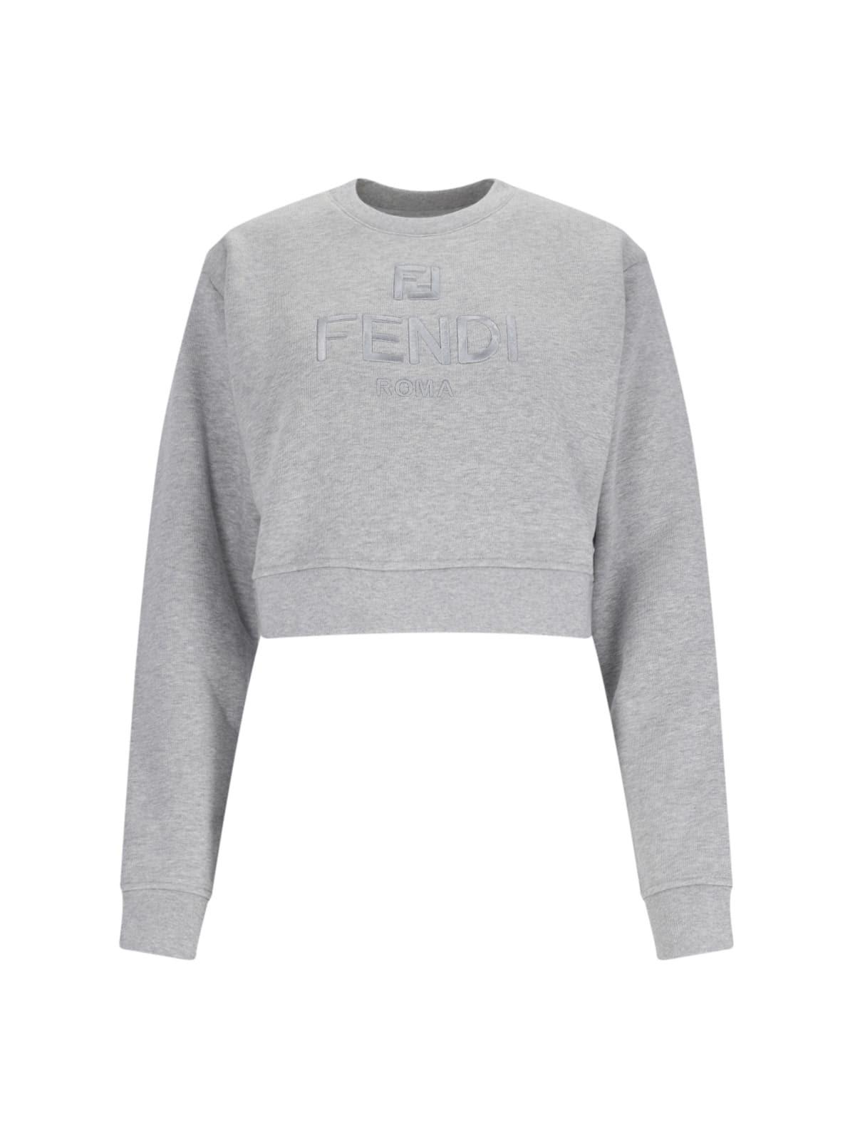 Shop Fendi Logo Cropped Sweatshirt In Grey Melange+biscuit