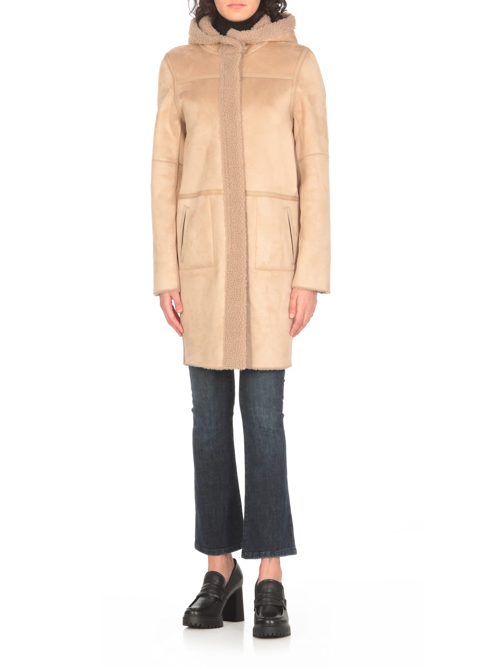 Shop Betta Corradi Coat With Syntetic Fur In Beige