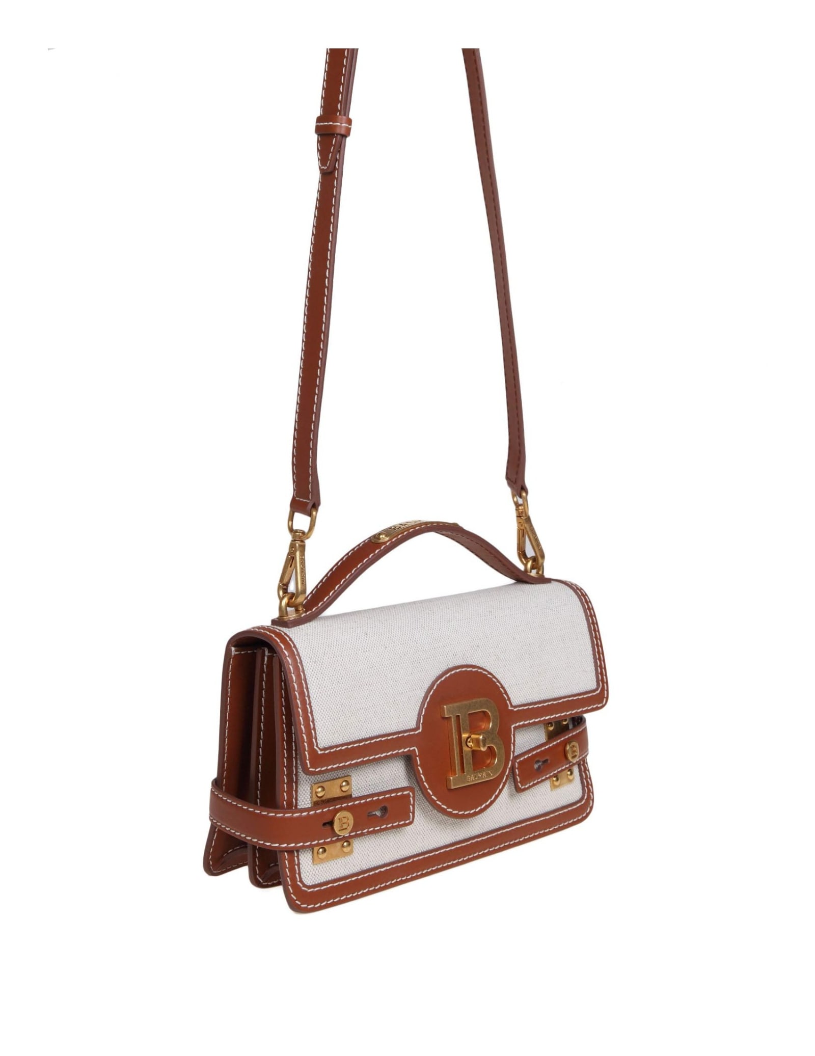 Shop Balmain B-buzz 24 Handbag In Leather And Canvas In Naturel/marron