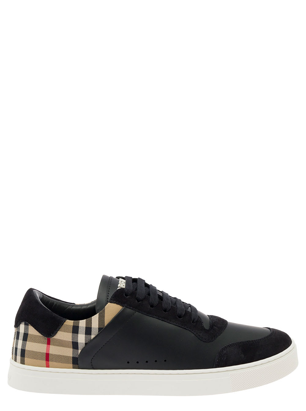 Shop Burberry Black Sneakers With Suede Details And Check Motif In Leather Blend Man