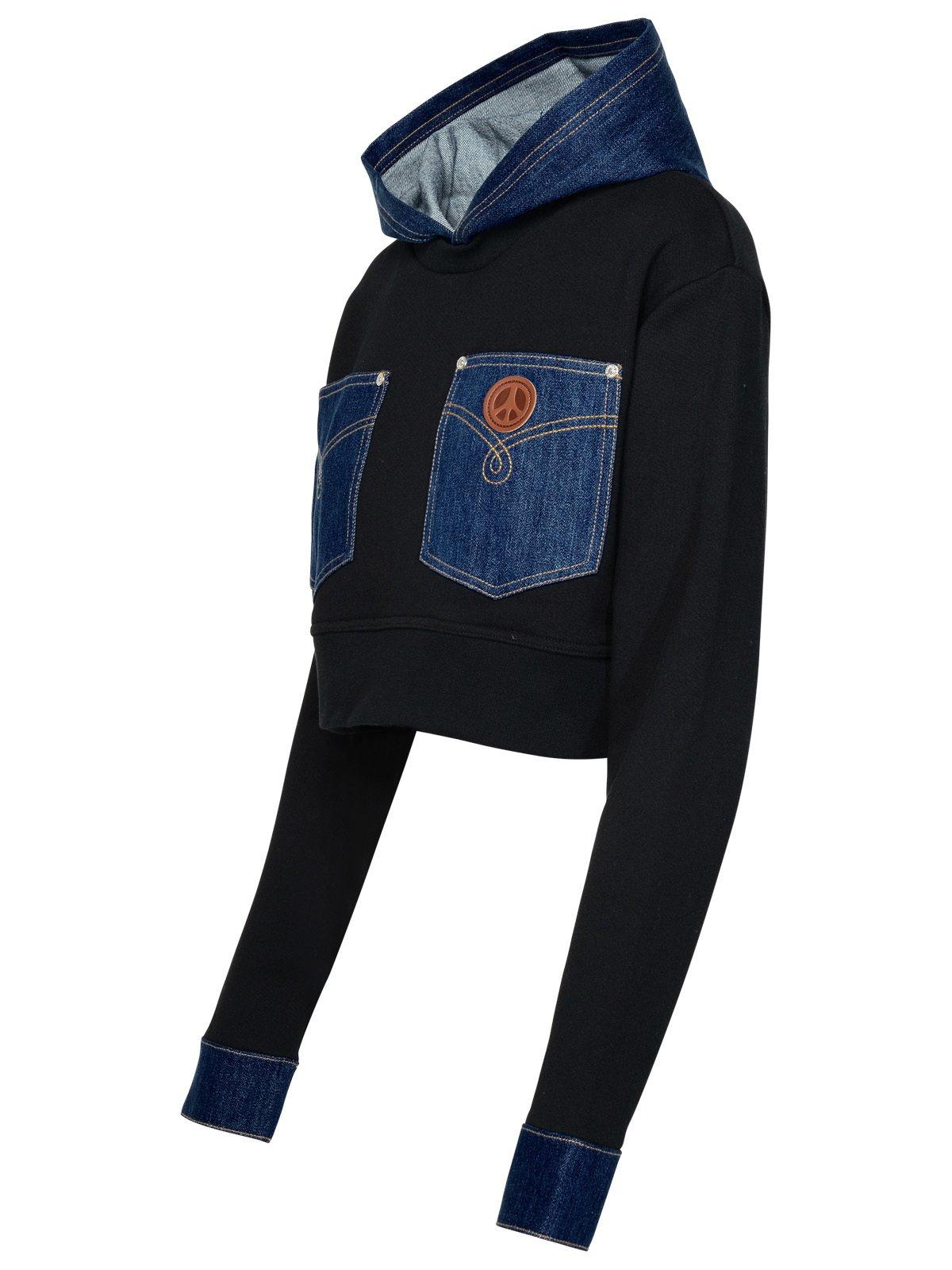 Shop M05ch1n0 Jeans Jeans Patchwork Cropped Hoodie  In Black