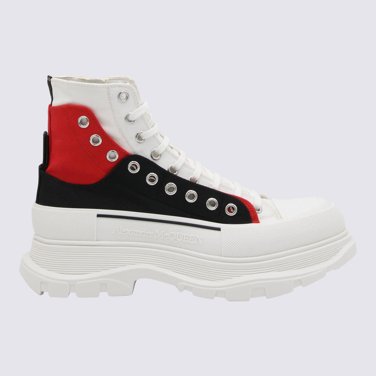 White Black And Red Canvas Tread Slick Lace Up Fastening Boots