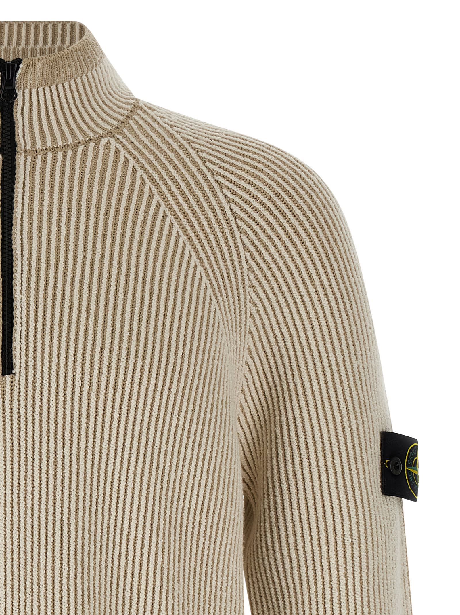Stone Island White Sweater With Logo Patch On The Sleeve And Front Half Zip Closure In Wool Stretch Man In Neutral