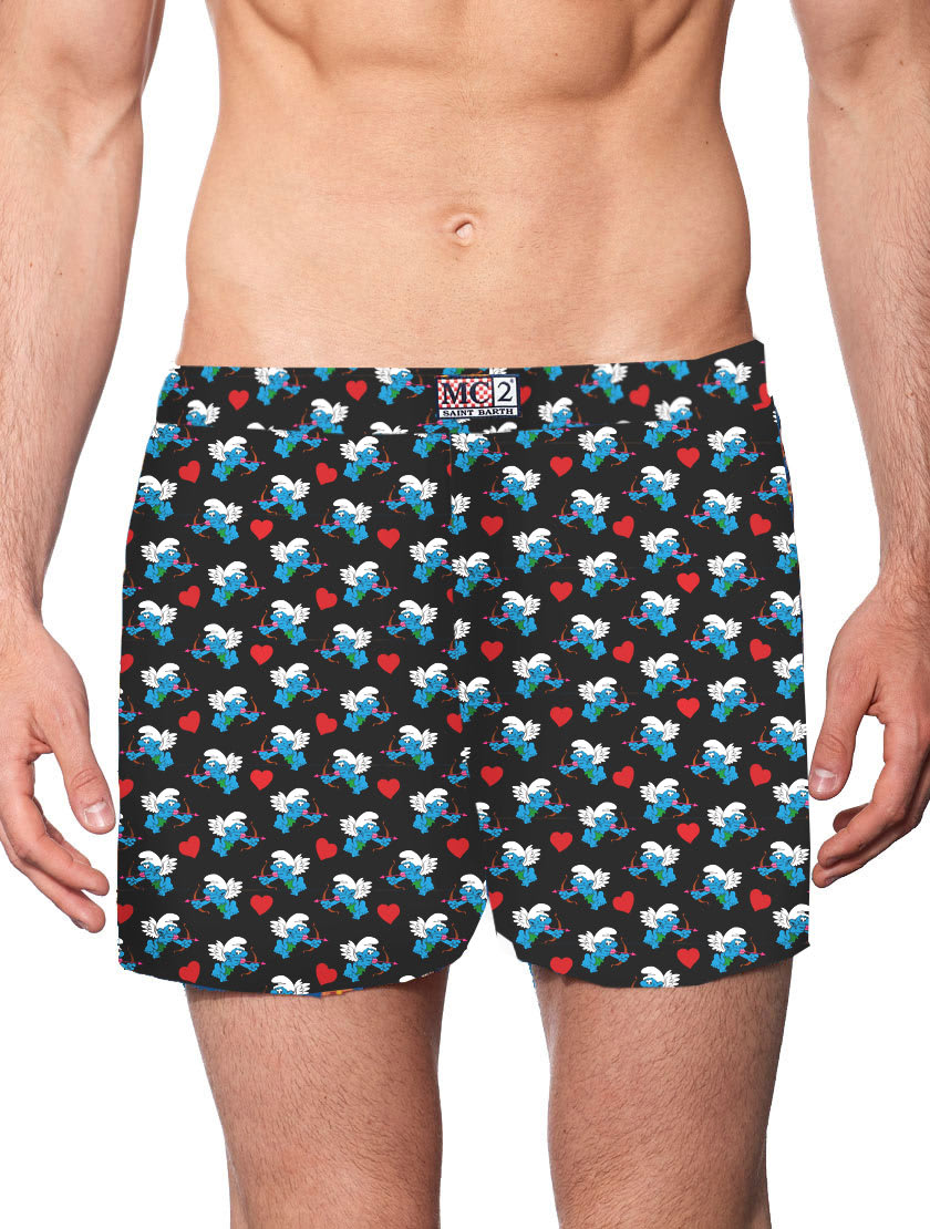 Mc2 Saint Barth Man Underwear Boxer Smurfs Print - ©peyo Speciale Edition In Black