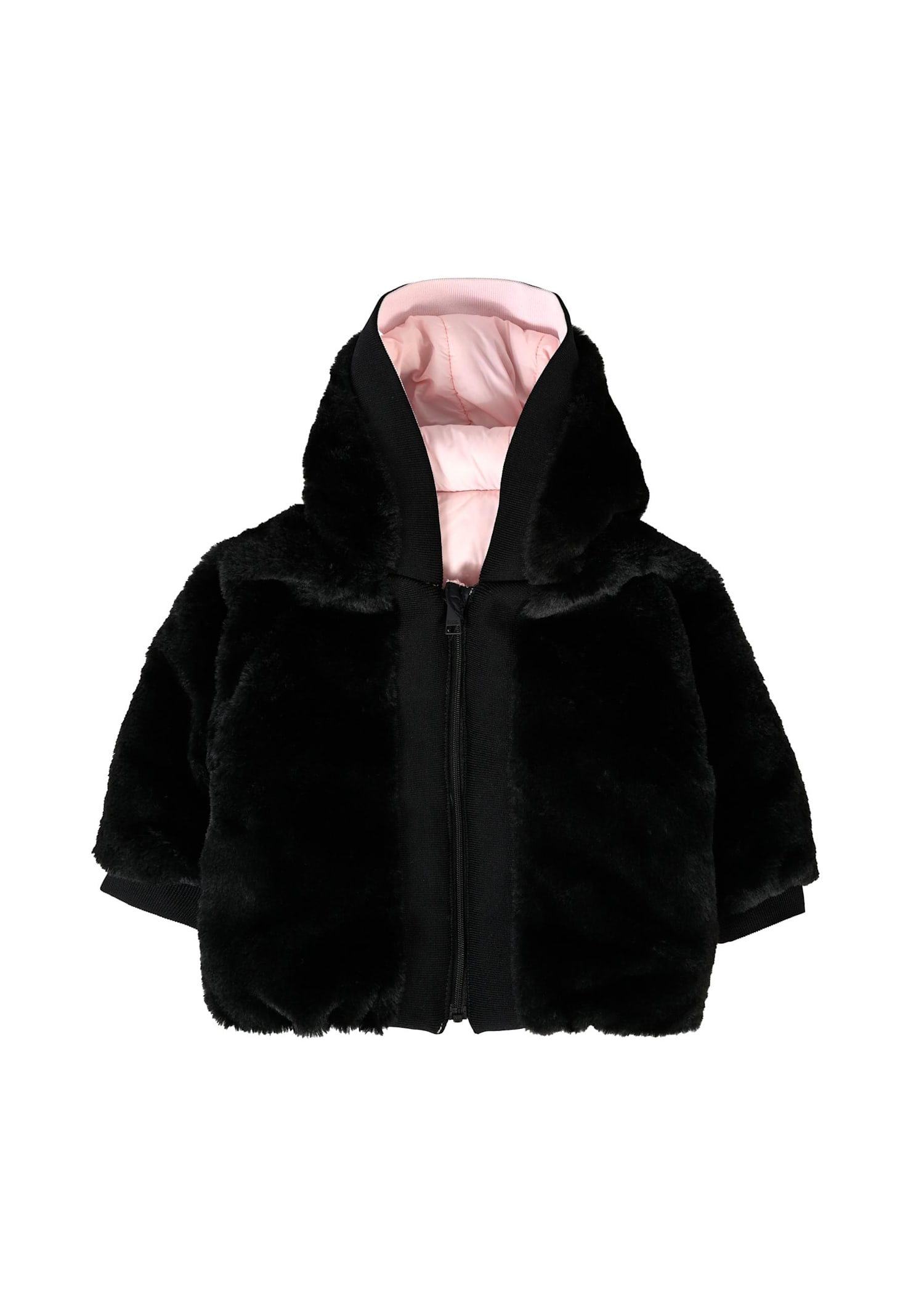 Karl Lagerfeld Reversible Pink Down Jacket For Baby Girl With Logo In Black