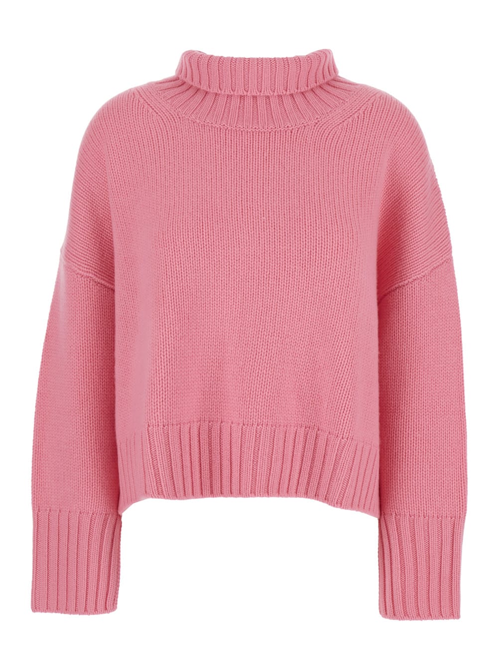 girlfriend Pink Turtleneck Sweater With Ribbed Trims In Cashmere Woman