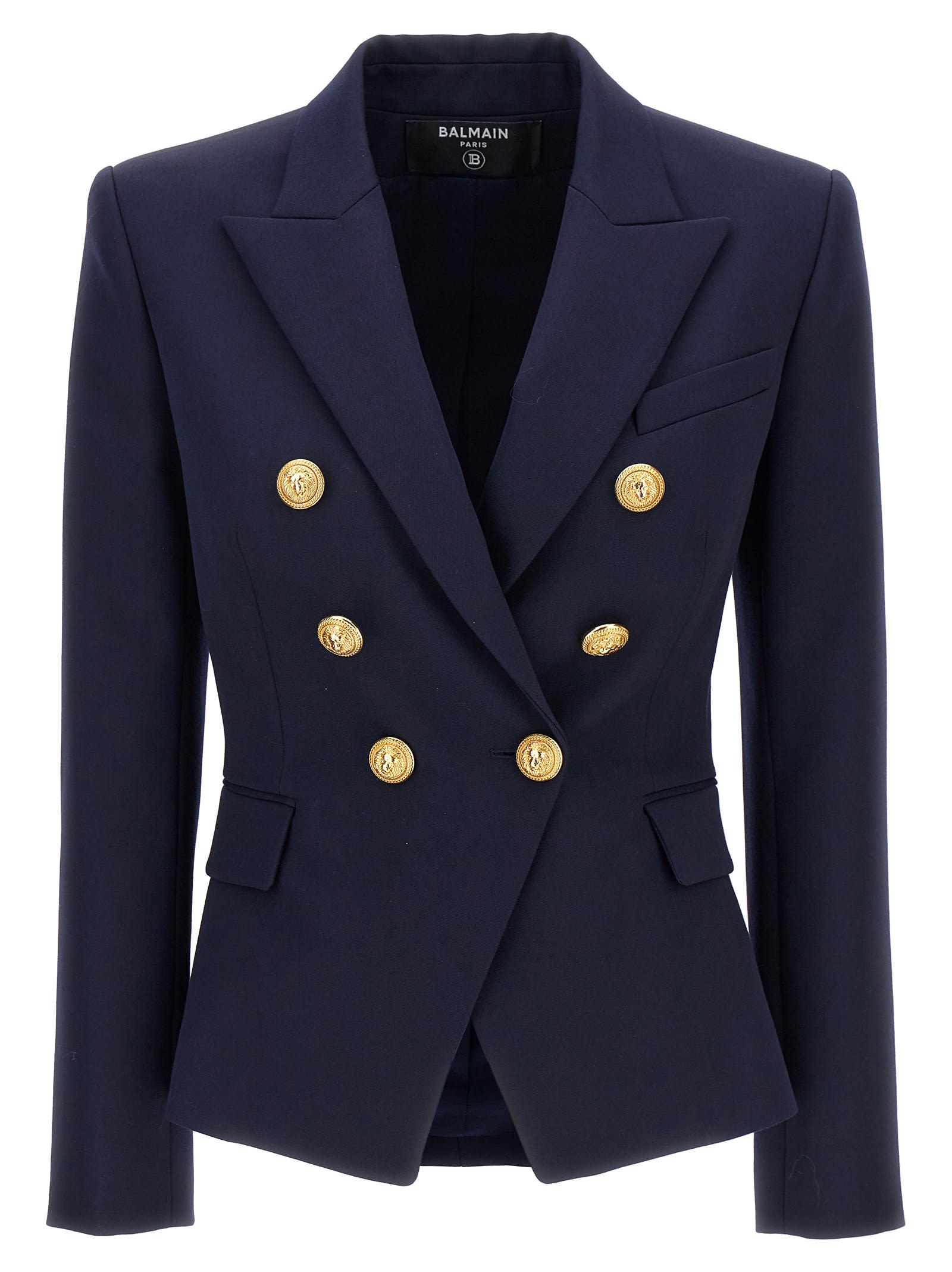 Shop Balmain Logo Button Double-breasted Blazer In Blue