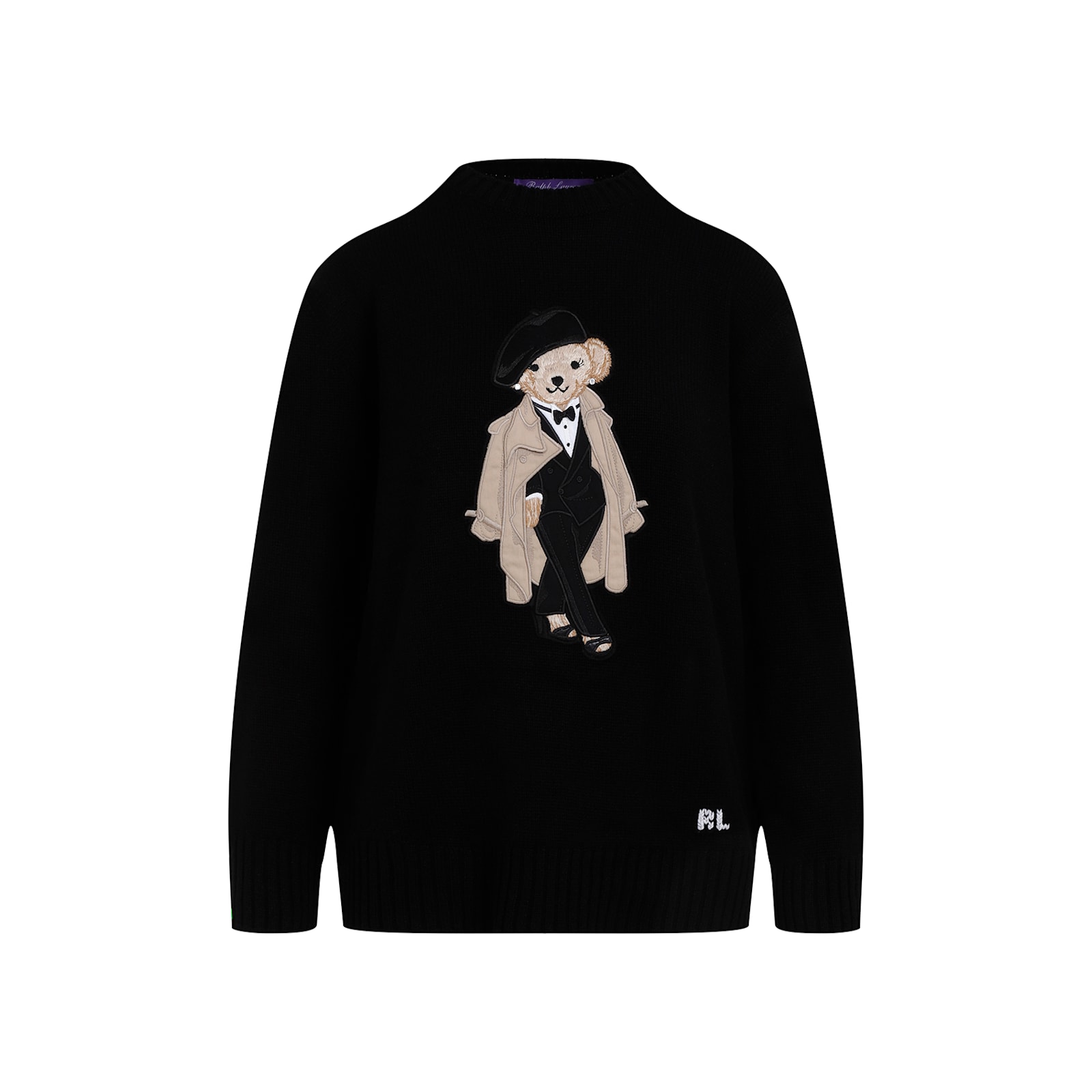 Ralph Lauren Bear Motif Cashmere Pullover With Front Design In Black