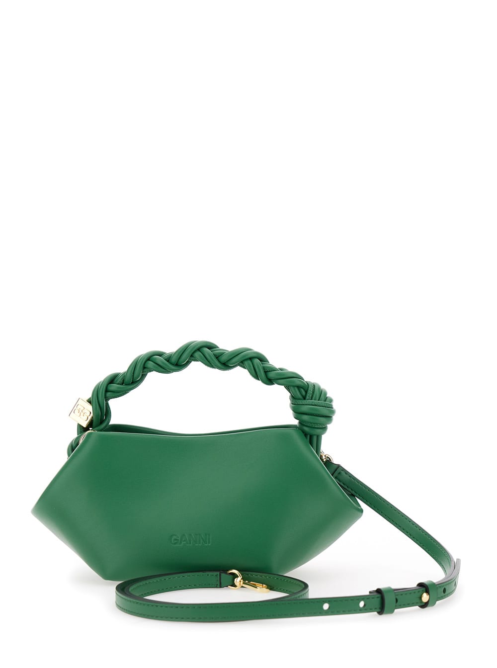 Ganni Bou Mini Green Handbag With Butterfly Logo And Braided Handle In Leather Woman In Green