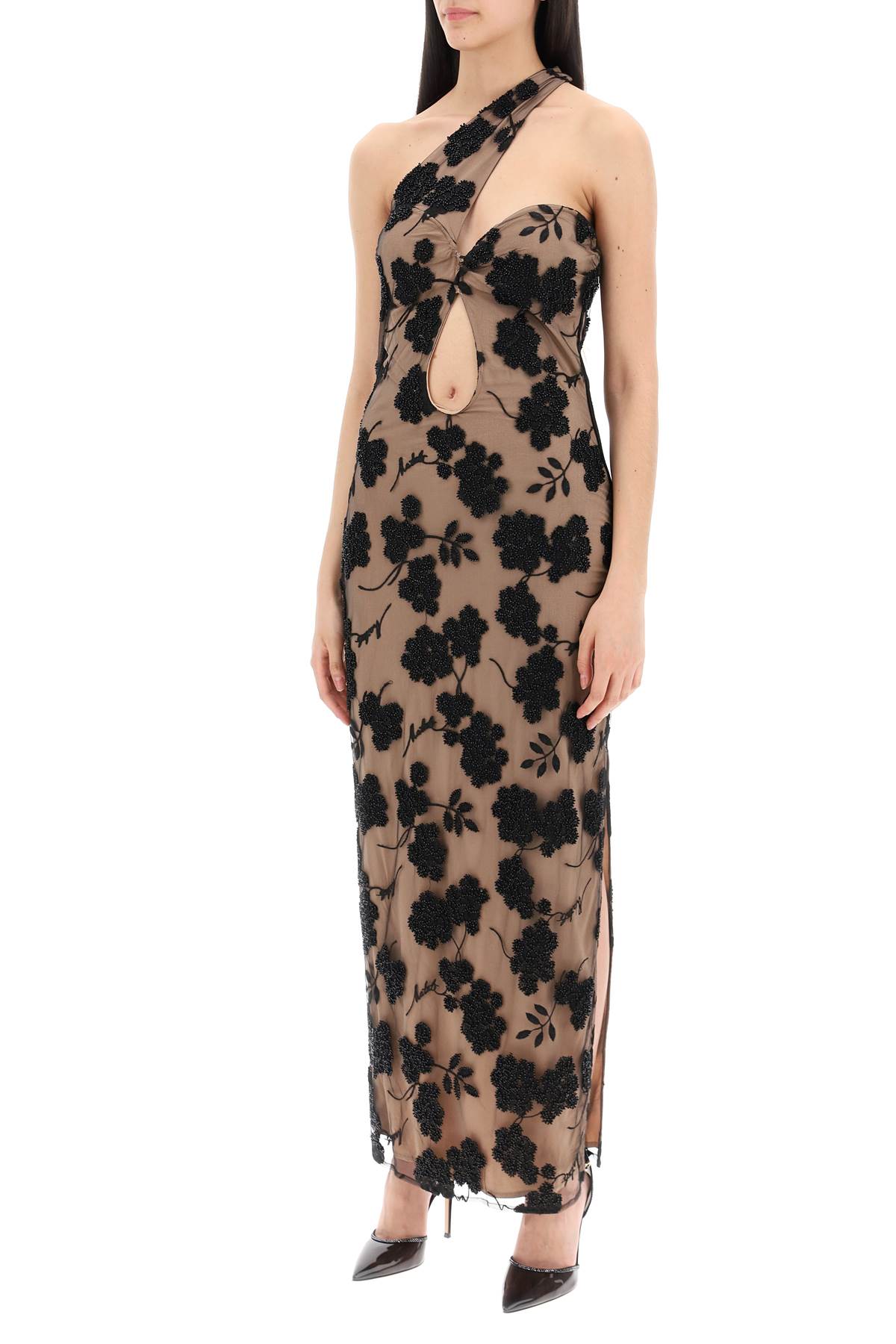 Shop Rotate Birger Christensen Maxi Mesh Dress With Beads Embellishments In Beaded Flower Embroidery Tap Shoe