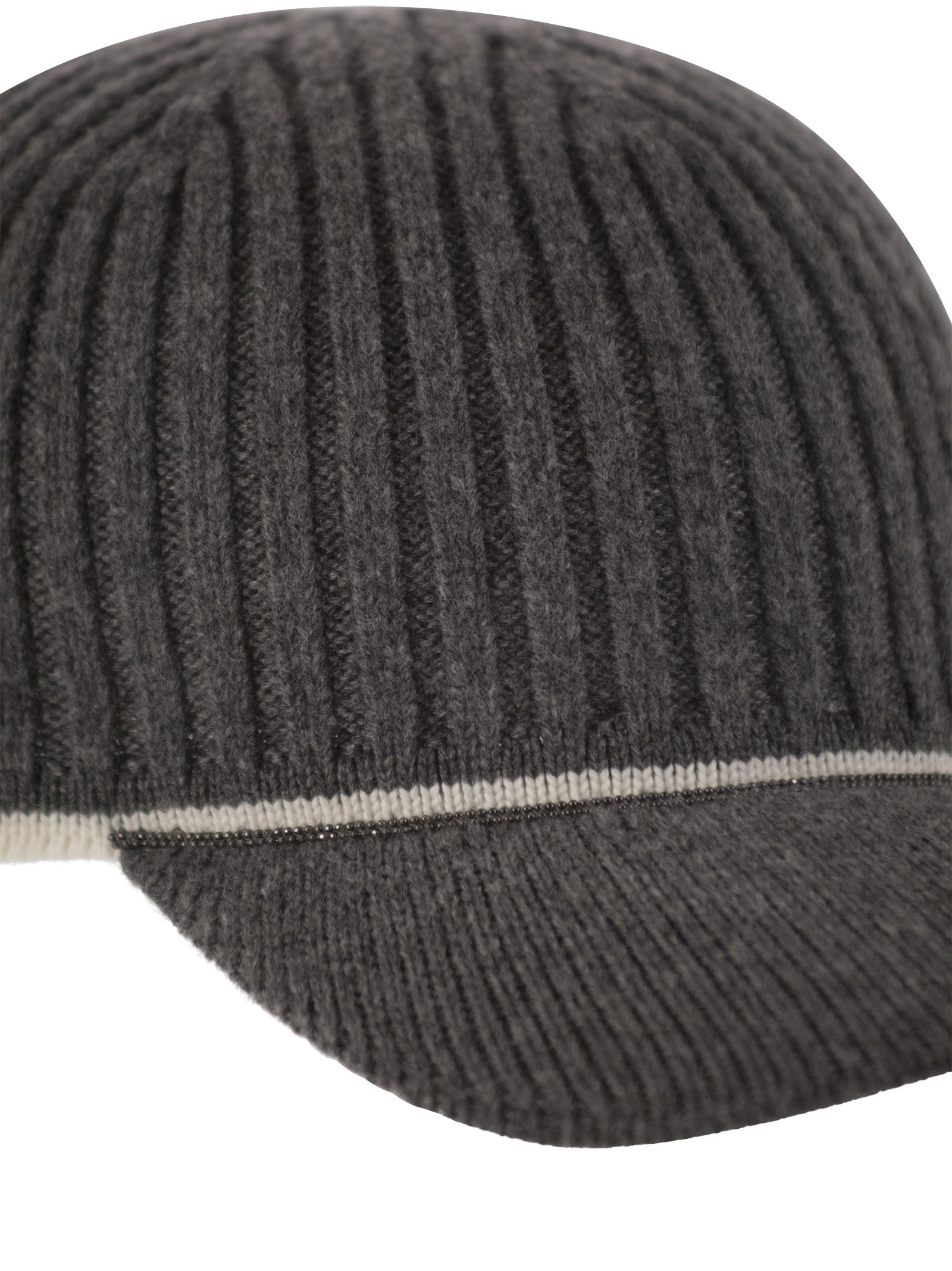 Shop Brunello Cucinelli Ribbed Virgin Wool, Cashmere And Silk Knit Baseball Cap With Jewel In Anthracite