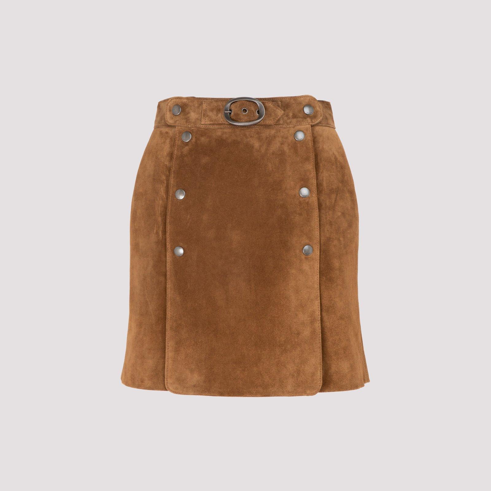 Shop Saint Laurent Studded High Waisted Skirt In Brown