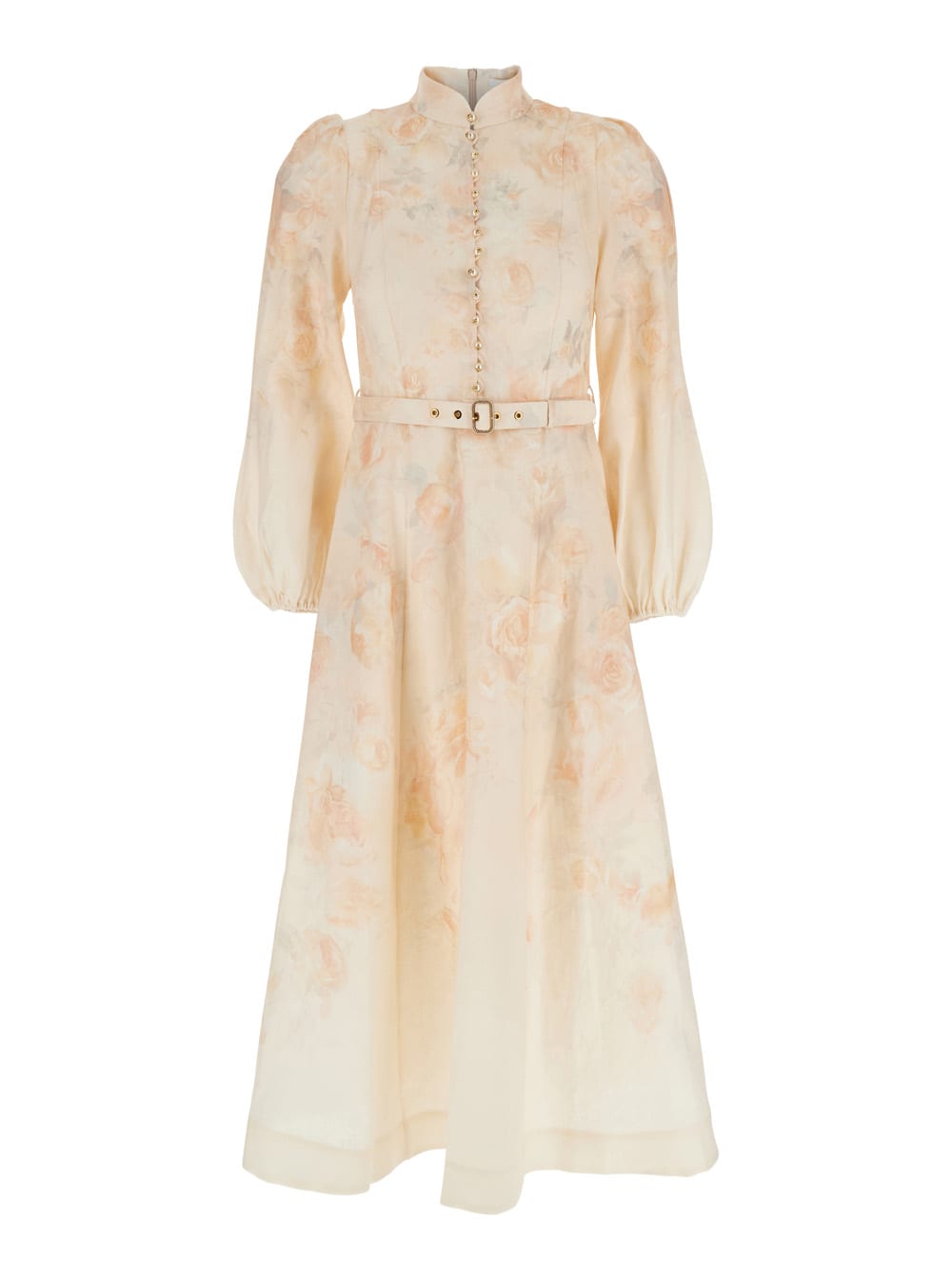 Zimmermann Crush Multicolor Midi Dress With Puffed Sleeves And Adjustable And Removable Belt In Linen Woman
