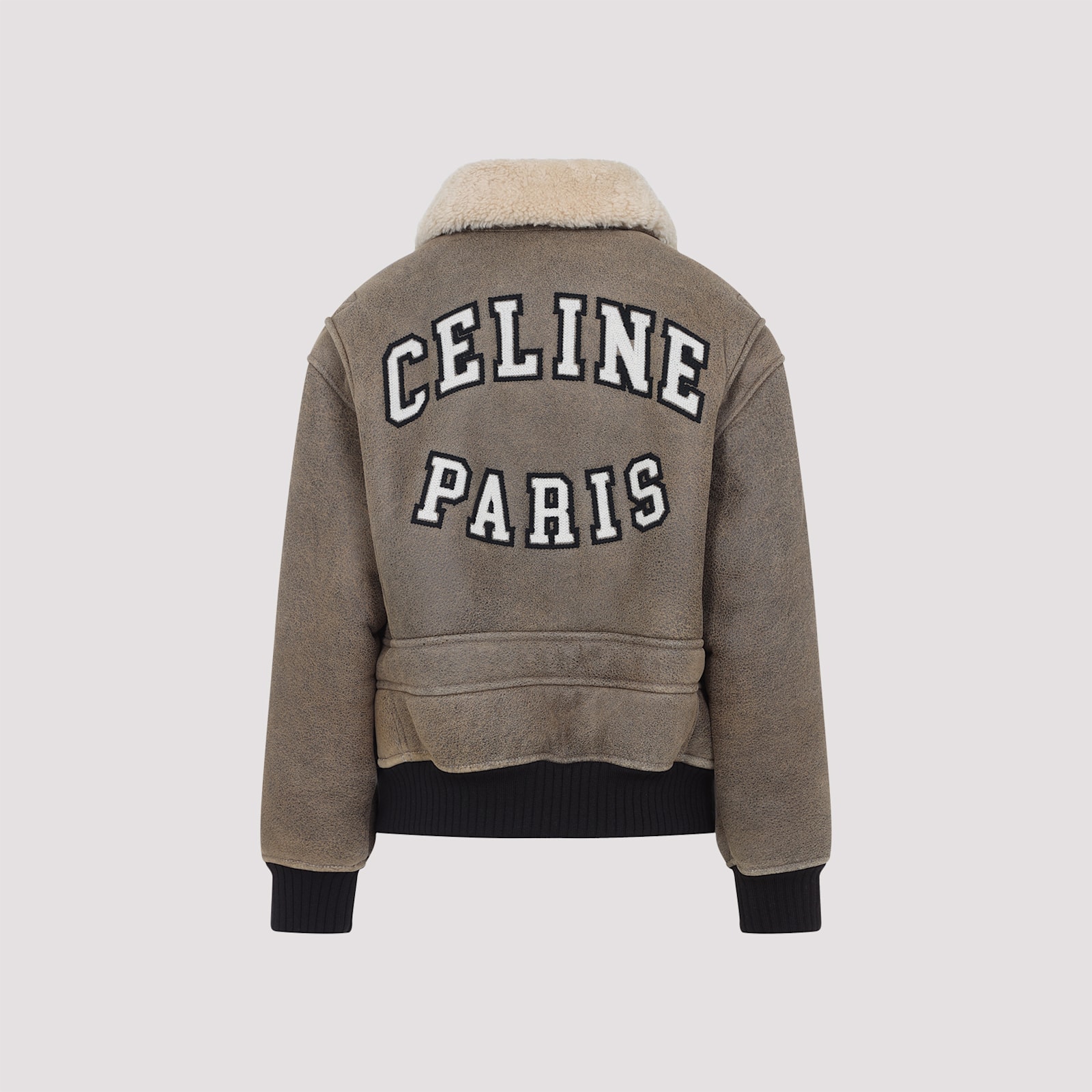 Celine Shearling Collar Leather Jacket With Adjustable Strap