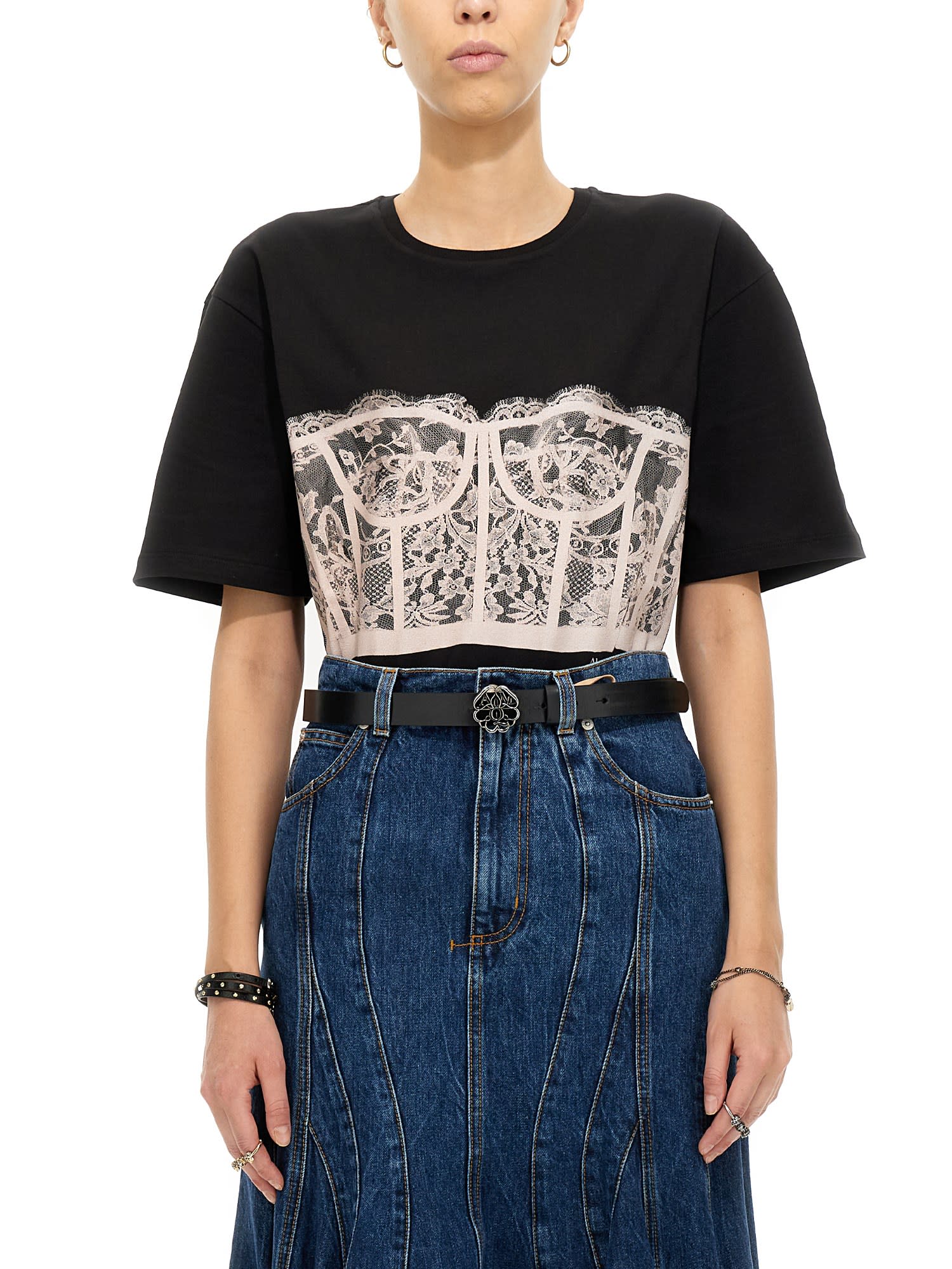 Alexander McQueen Womans Black Cotton T-shirt With Corset