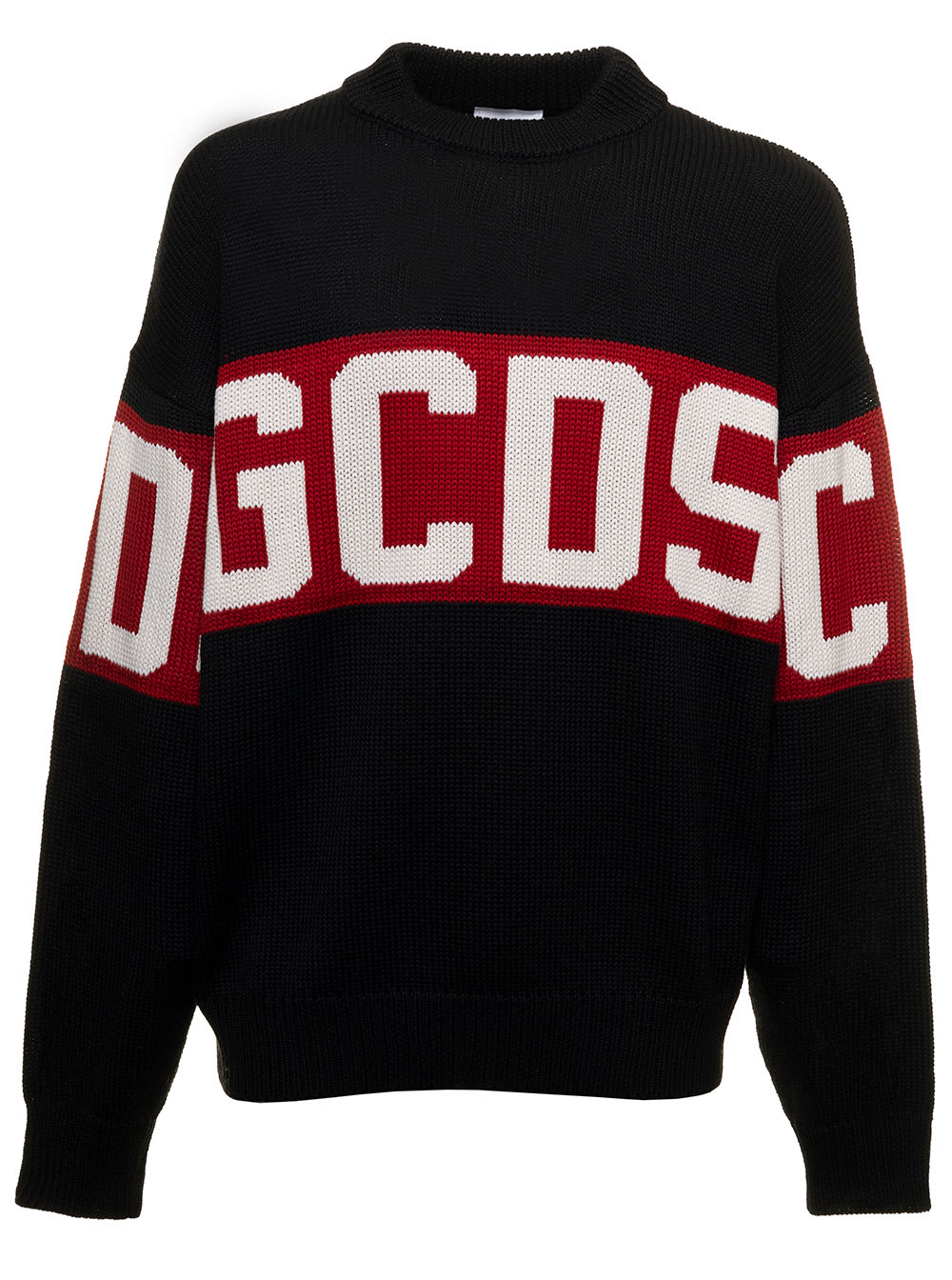 Black Sweater In Mixed Wool Knit With Contrast Jacquard Logo Band Gcds Man